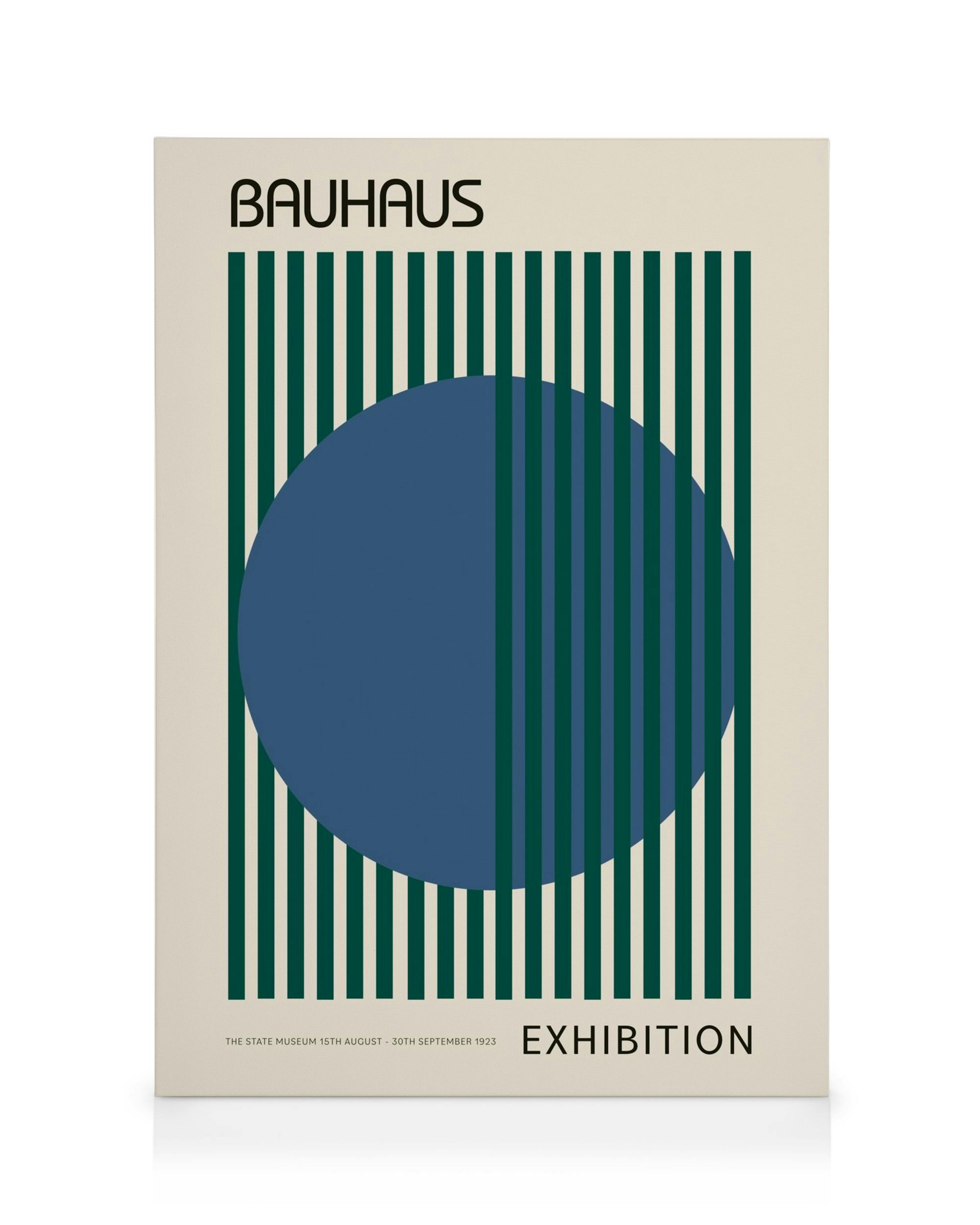 Stampa su tela Bauhaus con testo, strisce verdi e forma ovale blu su sfondo bianco, design accattivante.