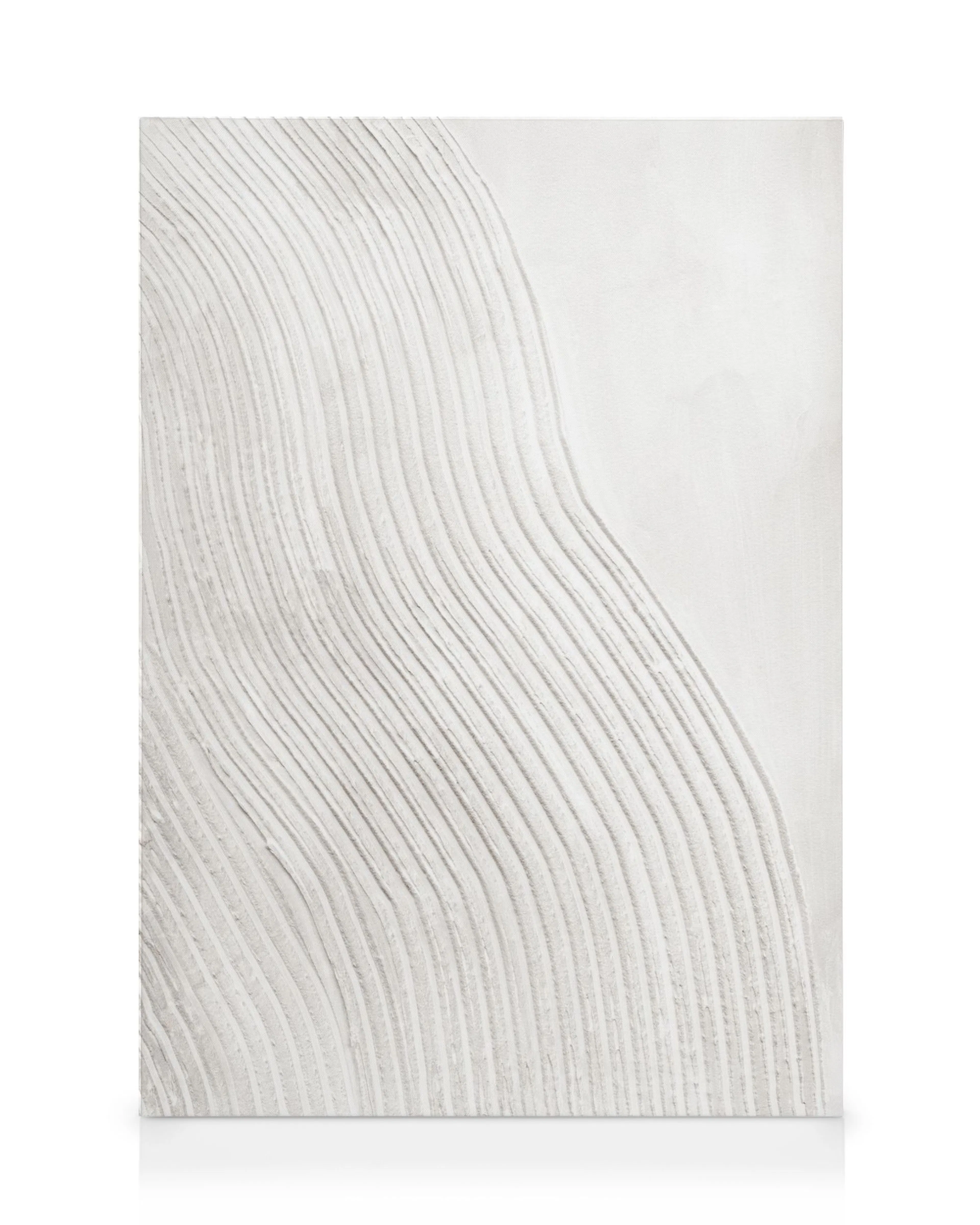 Soft white canvas print with curved textured lines on one side, smooth on the other. Modern minimalist wall art.