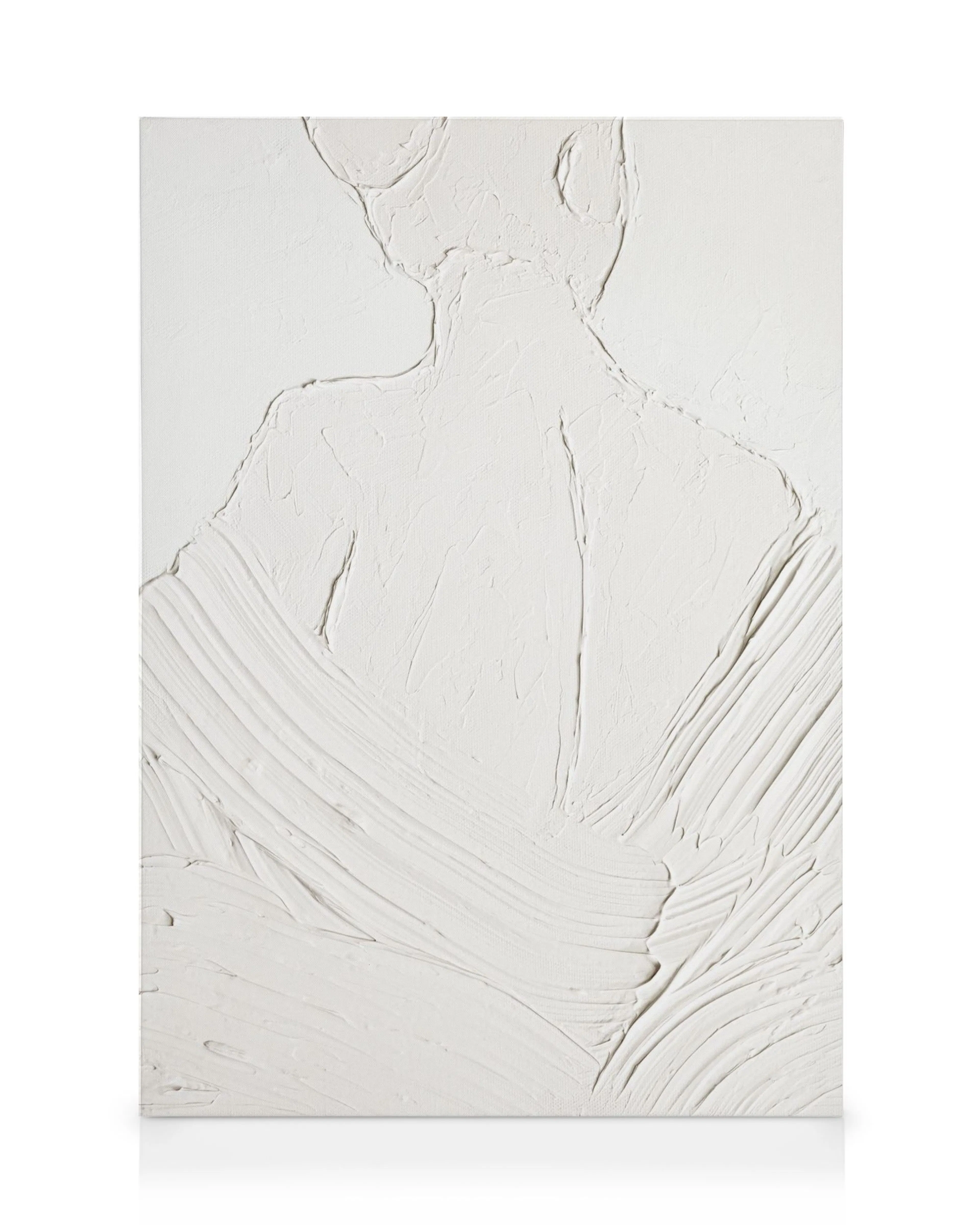 Figurativ tekstur lærred af en persons ryg, hvidt maleri med tykke penselstrøg, moderne kunst.
