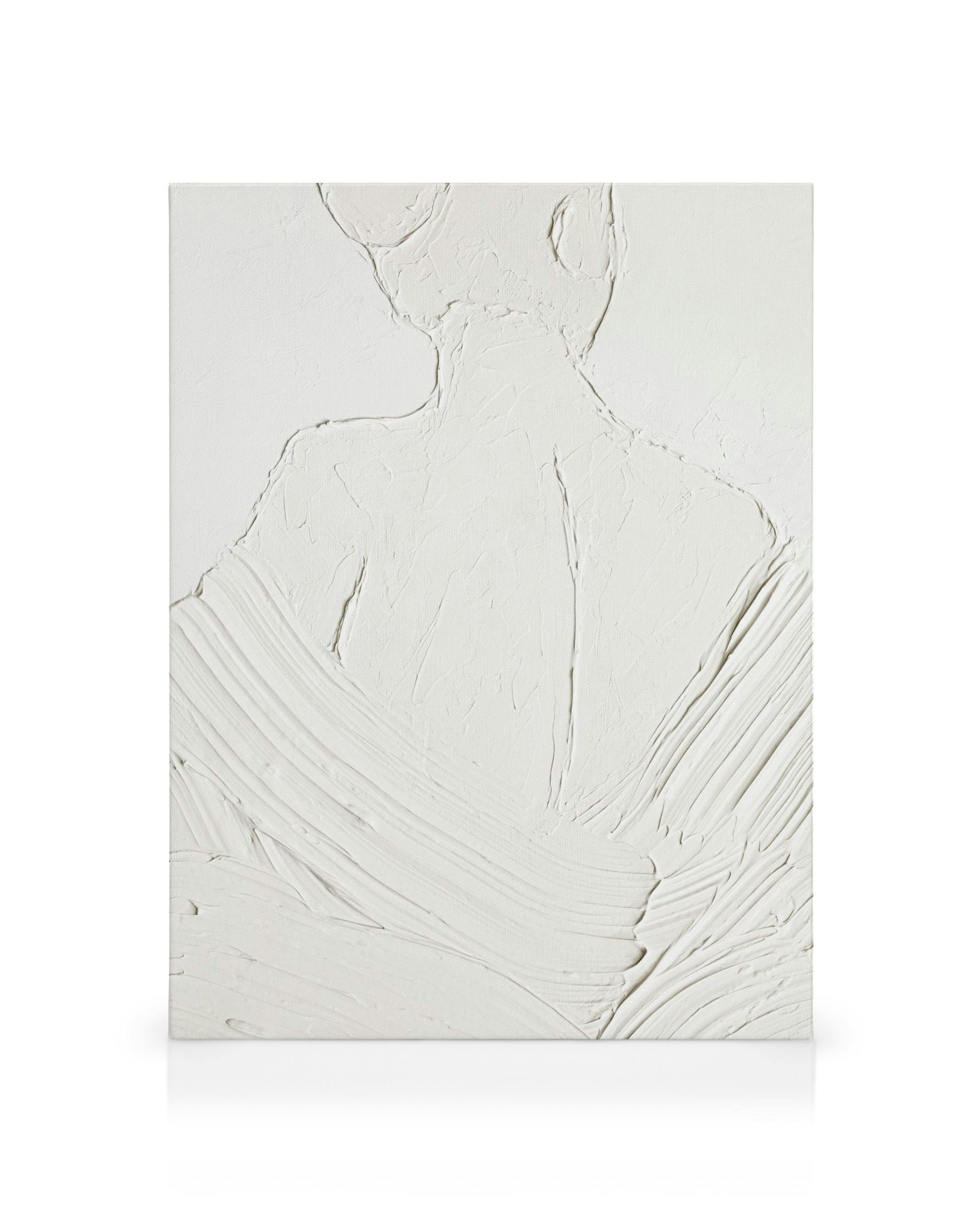 White figurative texture canvas print, showing the back of a person with sculpted, thick brushstrokes creating depth and form.