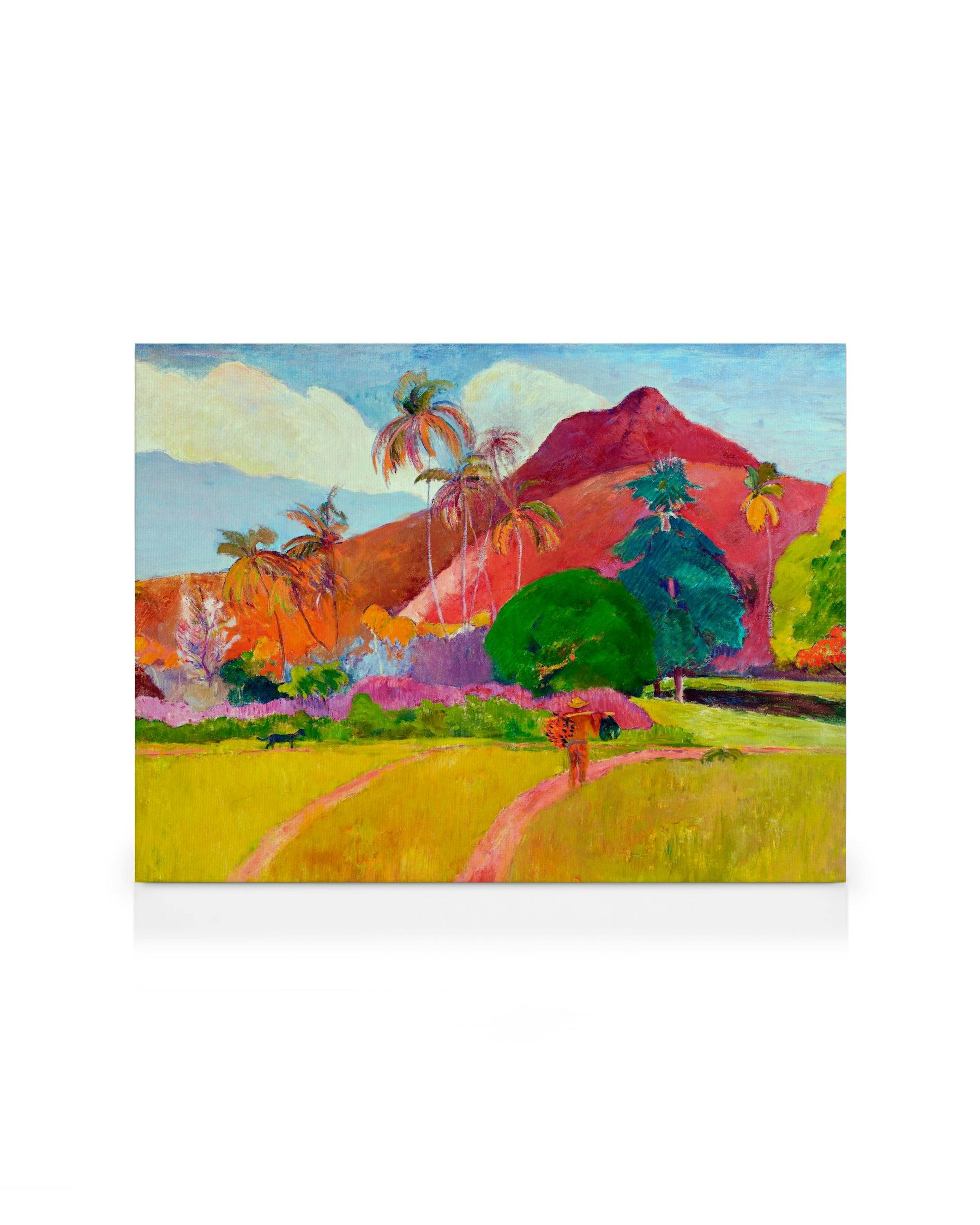 Paul Gauguin Tahitian Landscape, leuchtendes postimpressionistisches Ölgemälde mit Palmen, Bergen und Wegen in kräftigen Farben.