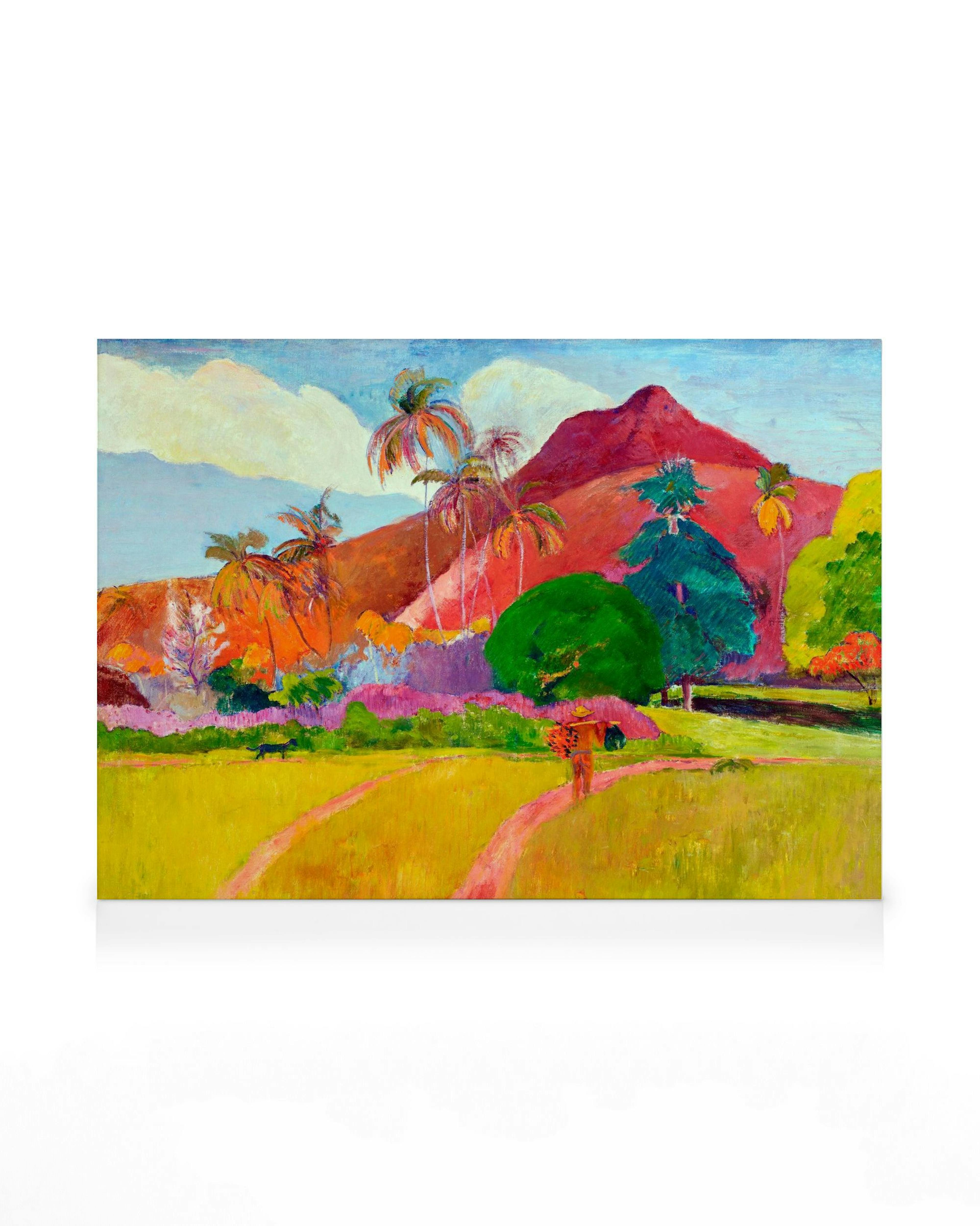 Paul Gauguin Tahitian Landscape, leuchtendes postimpressionistisches Ölgemälde mit Palmen, Bergen und Wegen in kräftigen Farben.