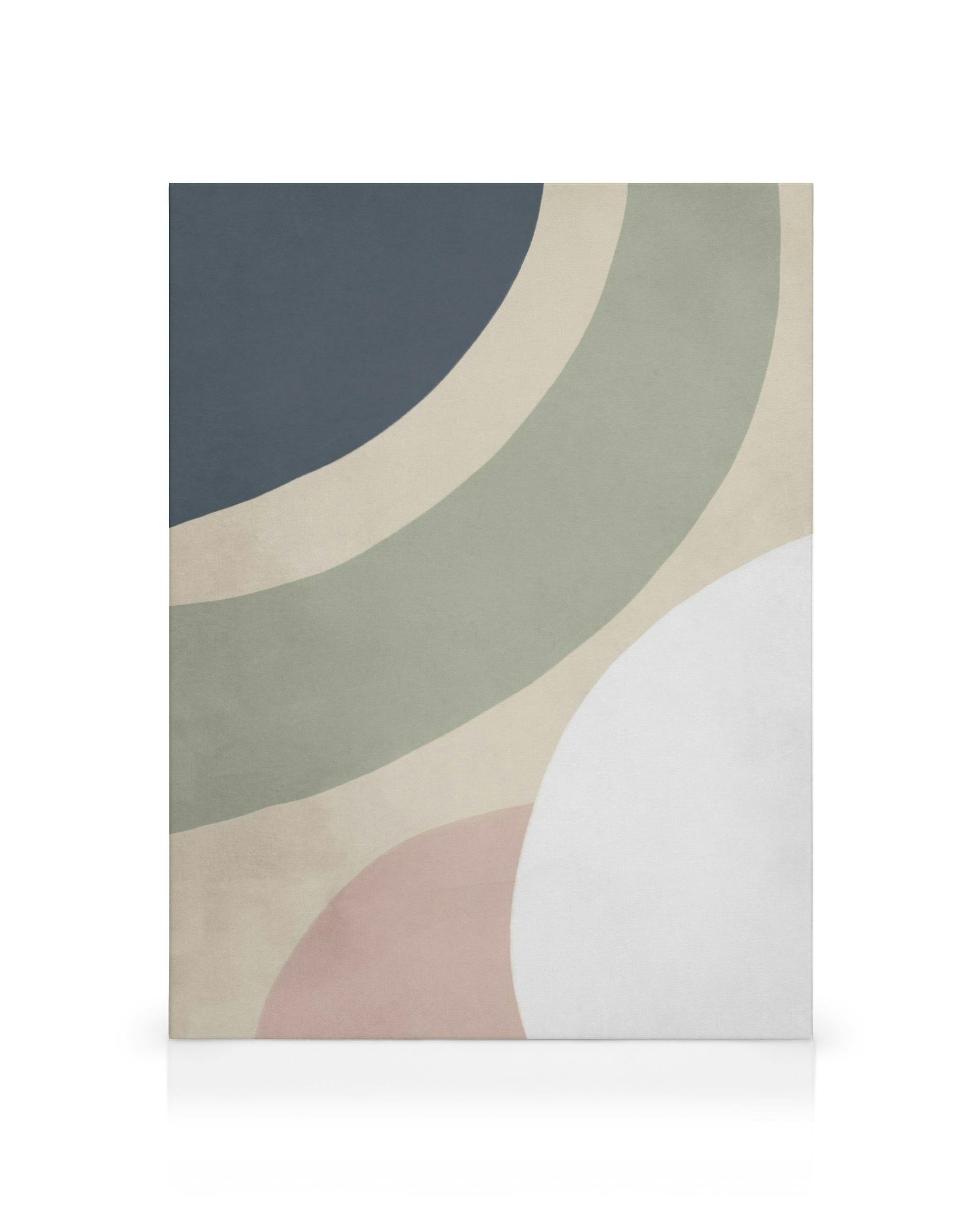 Abstract canvas met overlappende vormen in blauw, groen, beige, wit en roze, perfecte wanddecoratie.