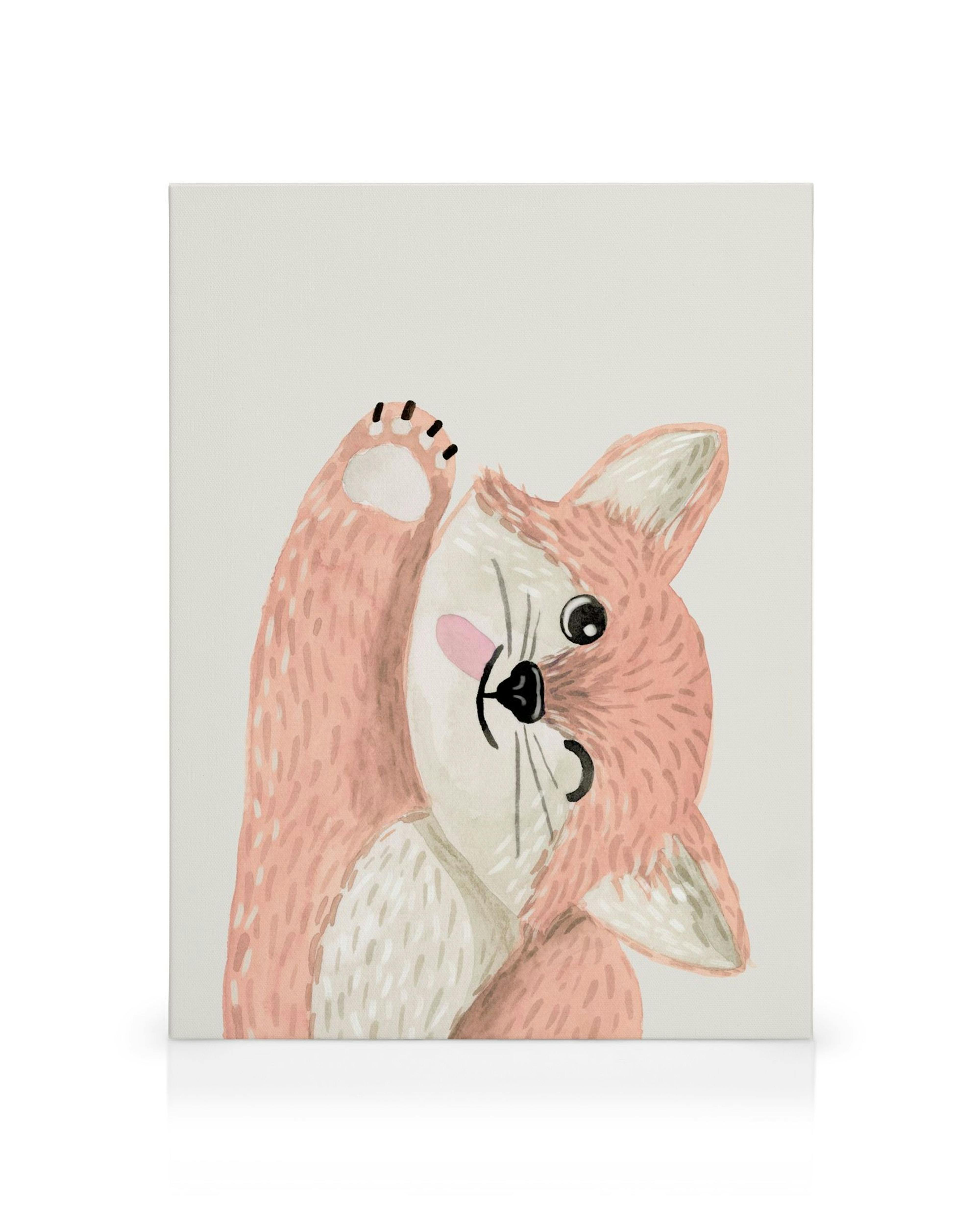 Stampa su tela con volpe rosa e bianca che saluta, occhi neri e naso su sfondo bianco. Arte animale per bambini.