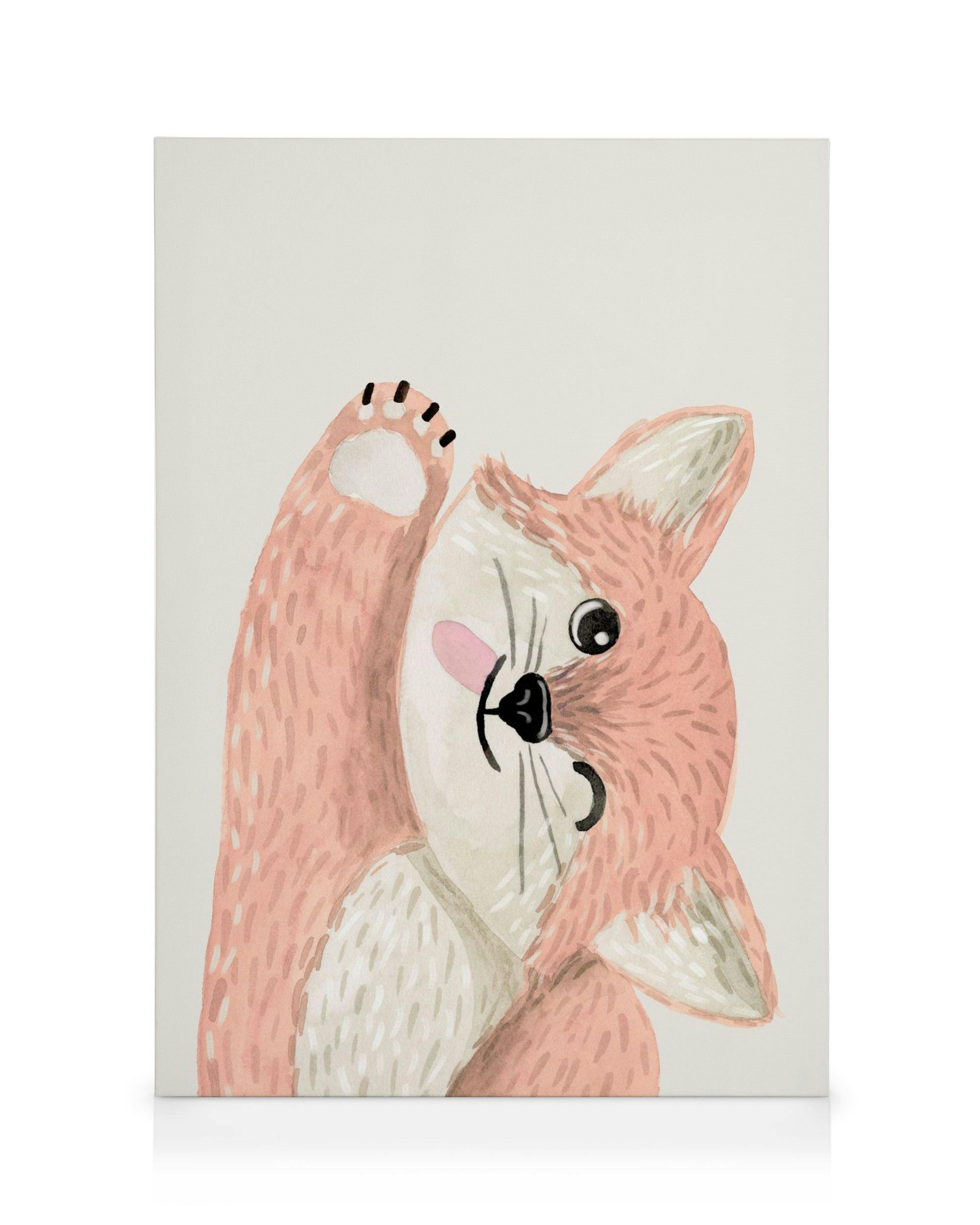 Leinwanddruck eines verspielten Fuchses, der mit erhobener Pfote und Zunge aus dem Bild schaut, in Aquarellfarben.