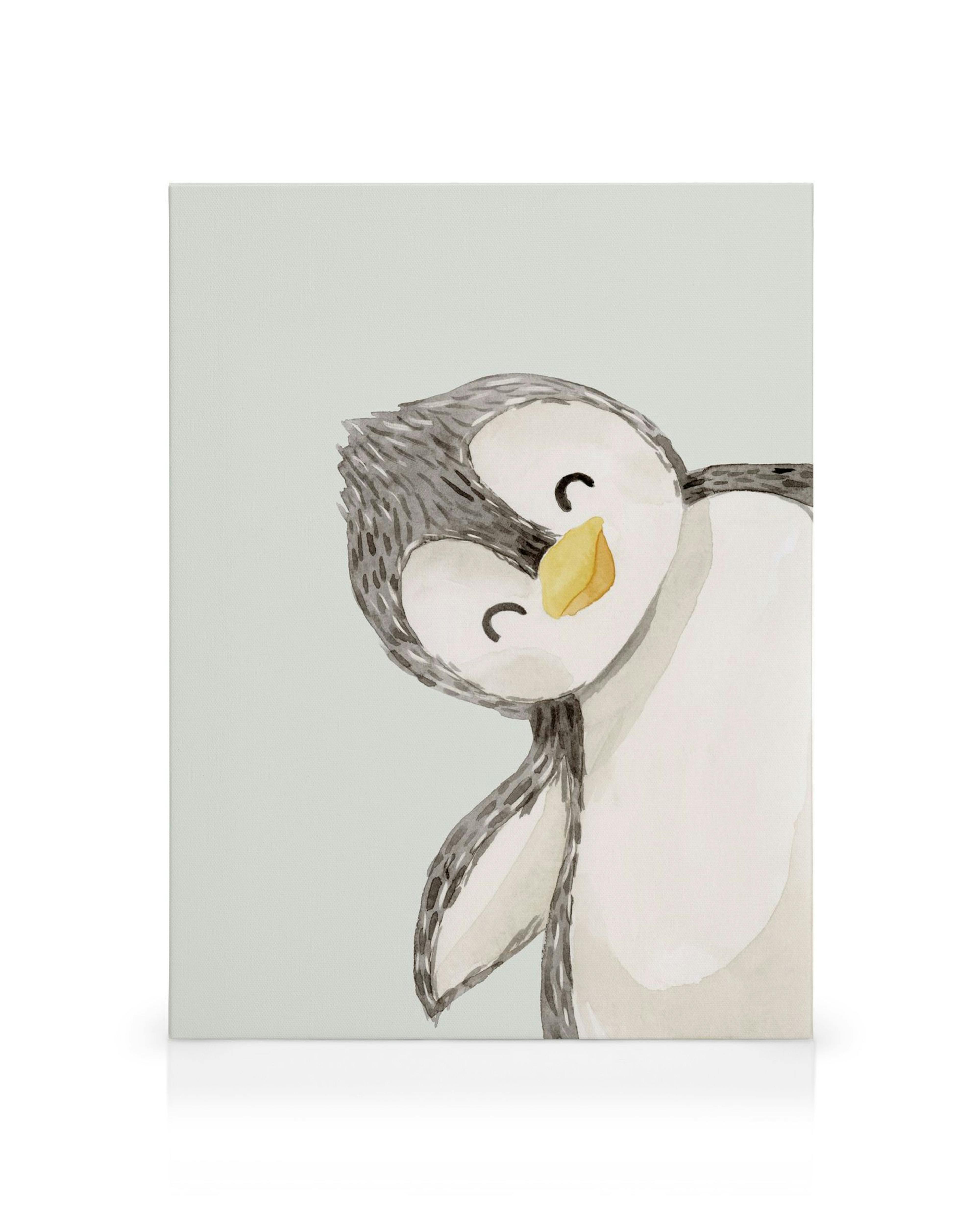 Leinwandbild mit niedlicher Pinguin-Illustration, weißem Bauch, grauem Rücken, gelbem Schnabel auf hellblauem Hintergrund.