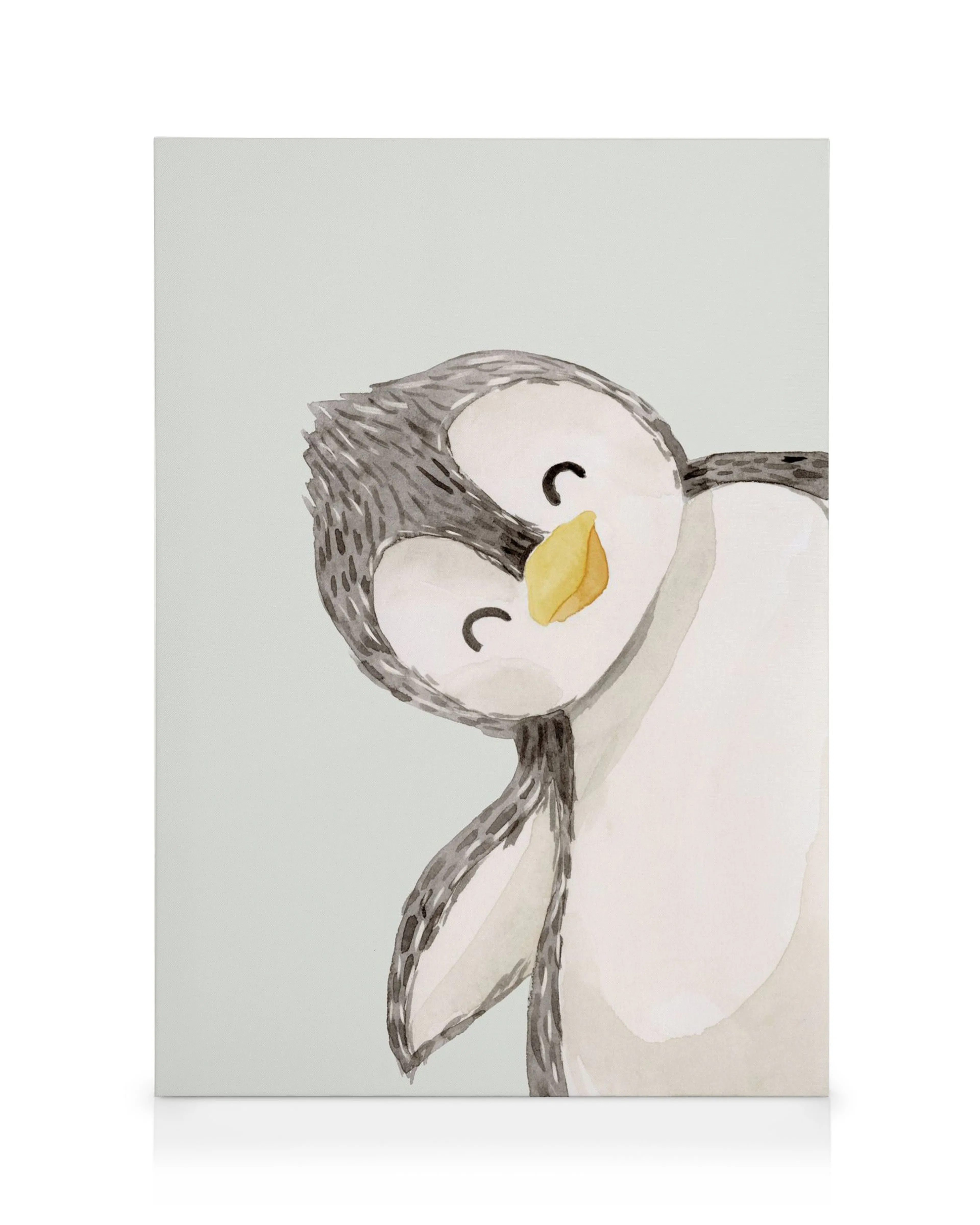 Playful watercolor penguin peeking from the side, with charcoal grey and white feathers and a yellow beak, on a light blue backg