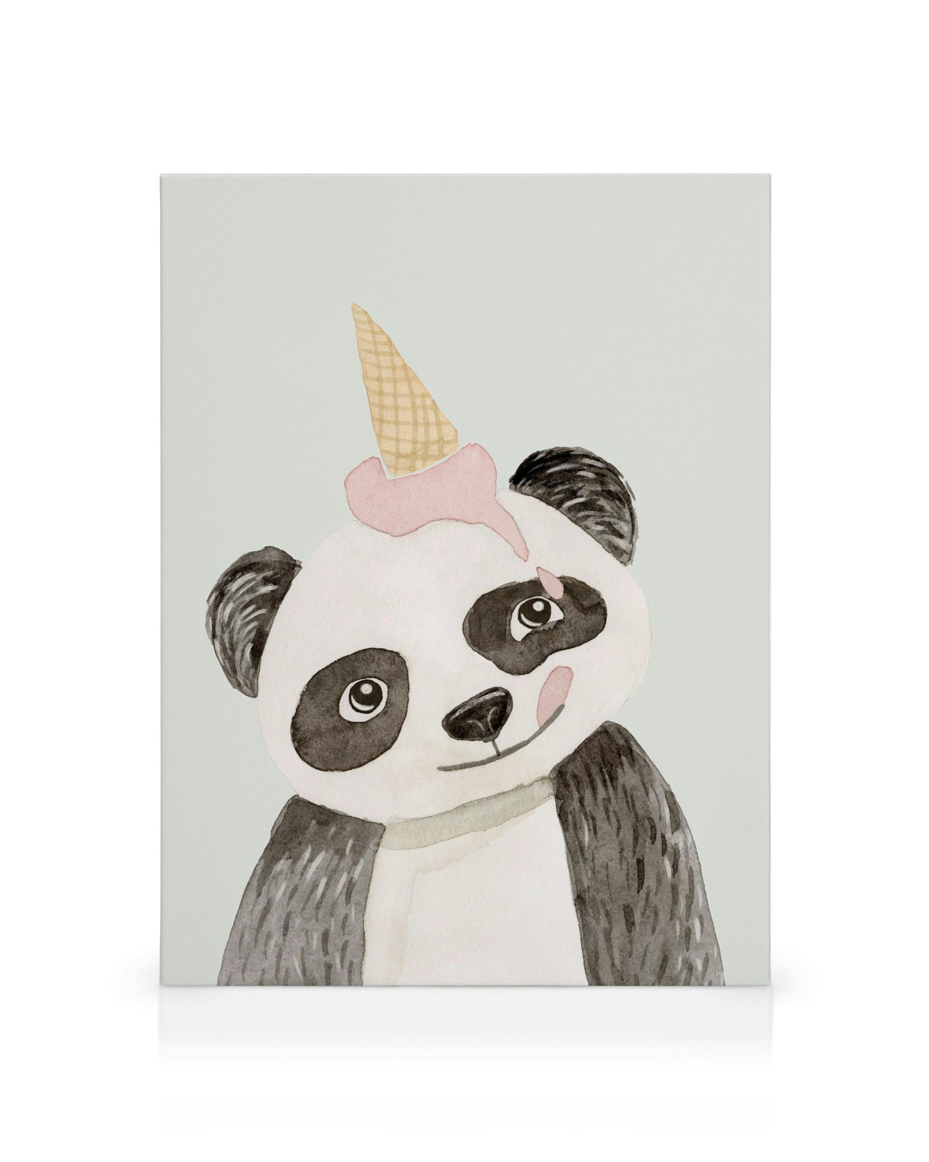 Panda bear with melting pink ice cream cone on its head, childrens animal art canvas print