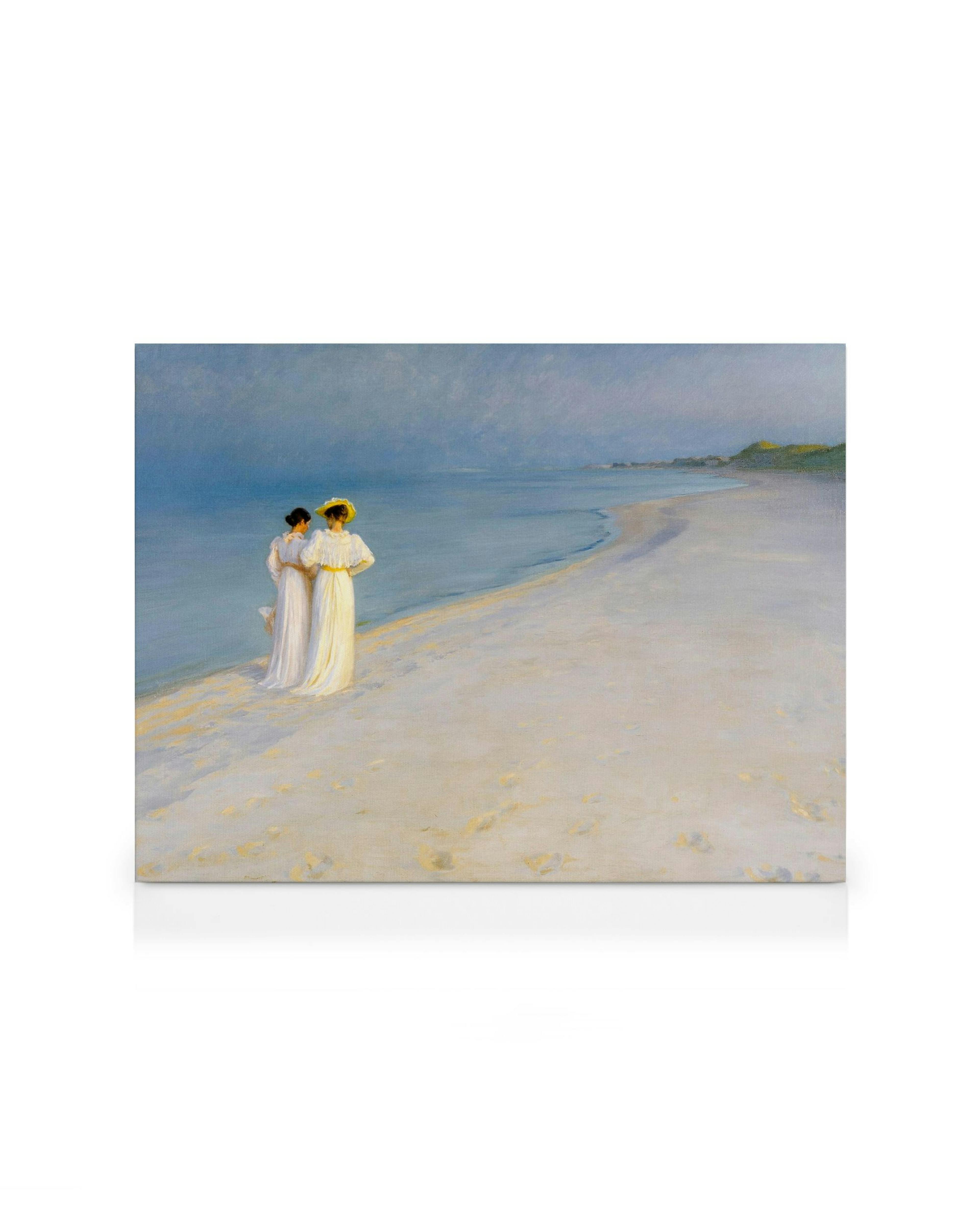 Krøyers Summer Evening on Skagens Southern Beach, peaceful art with two women on a sandy shore, blue sea and sky.