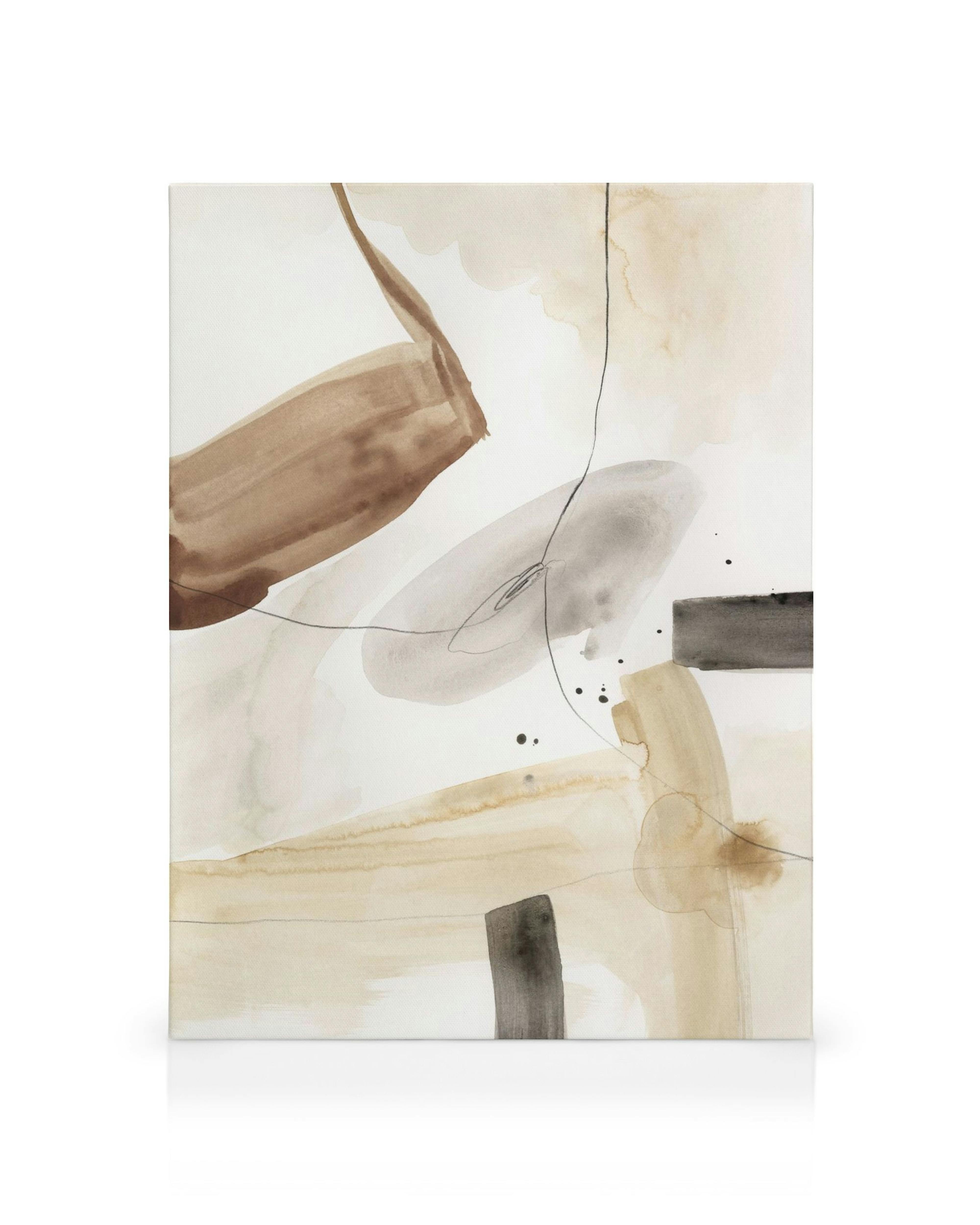 Pintura em tela abstrata com pinceladas marrons, cinzas e beges em um fundo branco, ideal para decoração moderna.