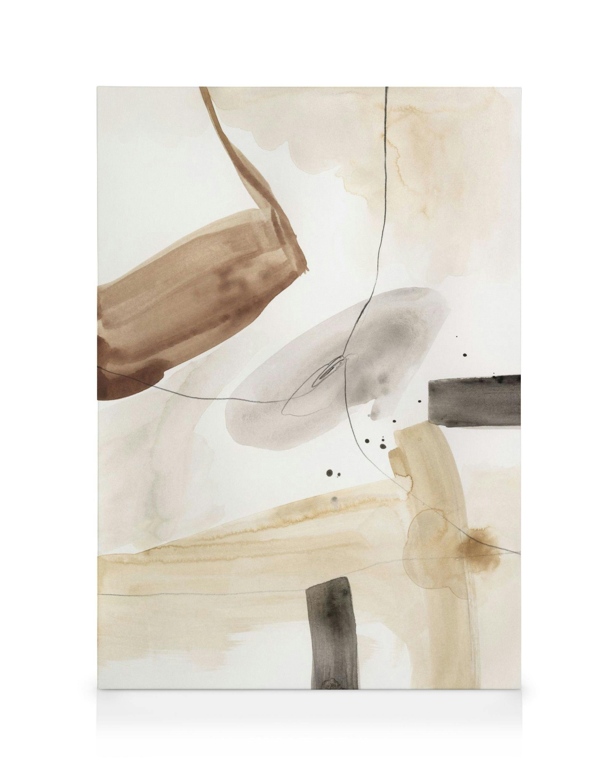 Pintura em tela abstrata com pinceladas marrons, cinzas e beges em um fundo branco, ideal para decoração moderna.