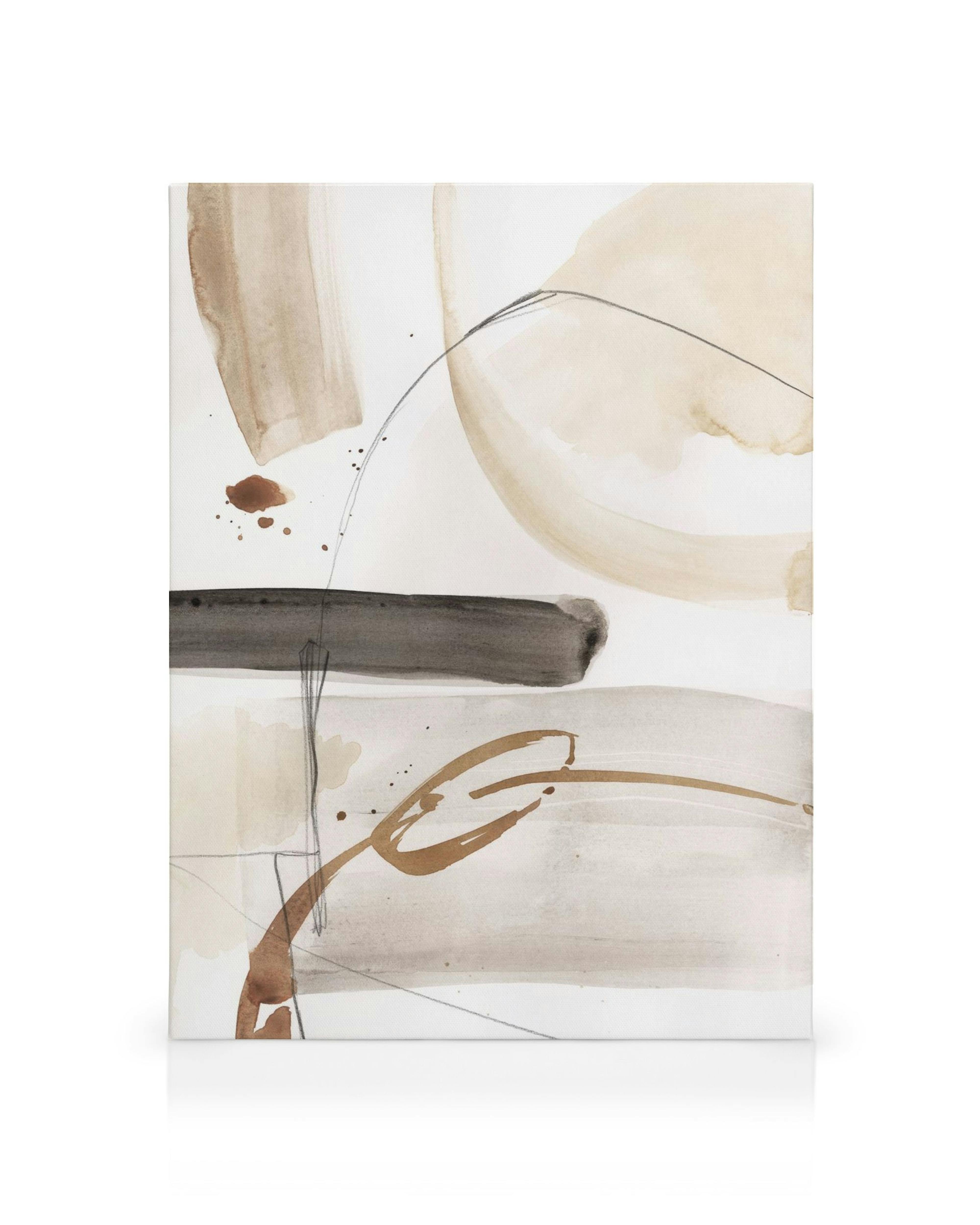 Abstract watercolor canvas print with brown, black, and beige brush strokes and splashes on a white background.