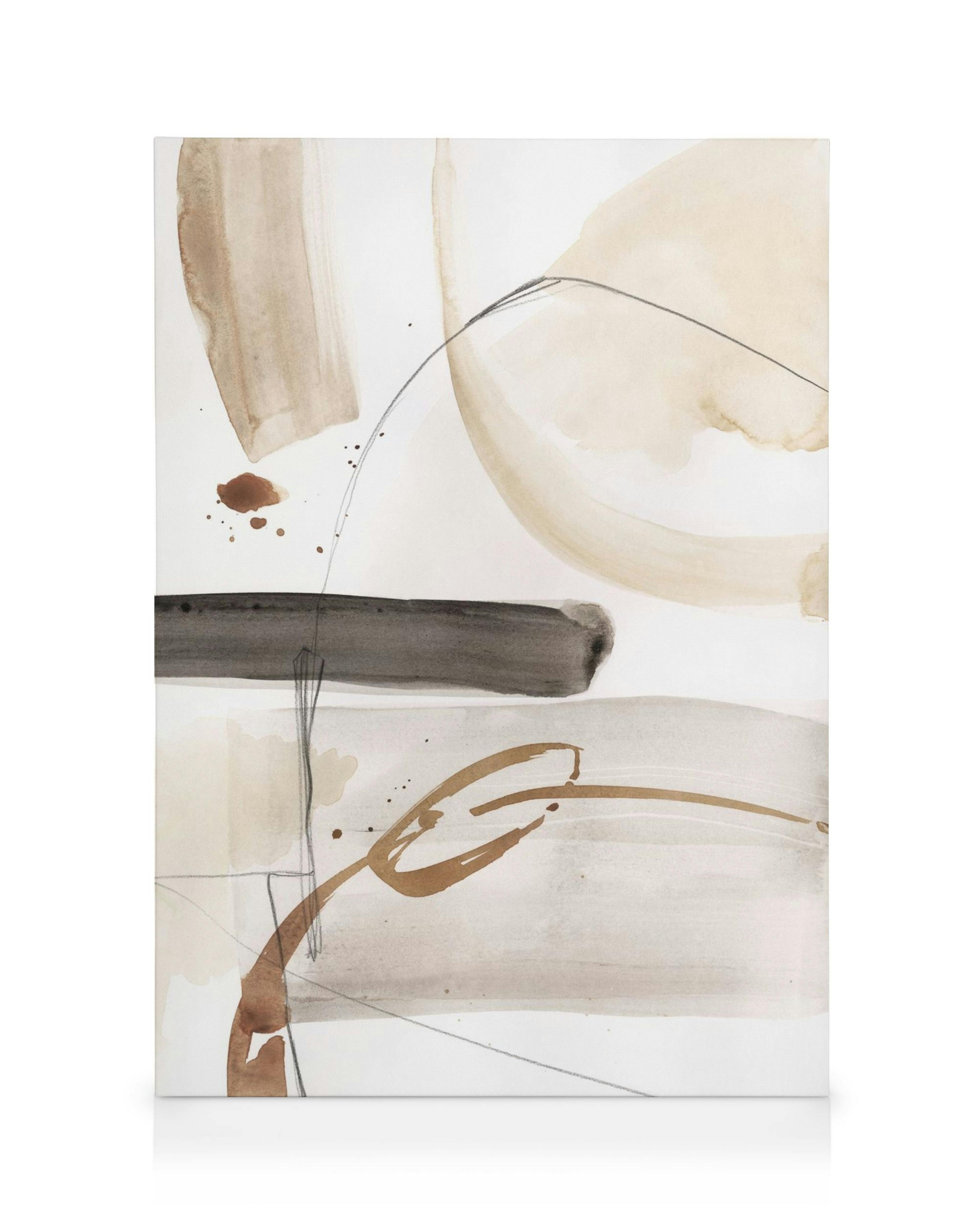 Abstract watercolor canvas print with brown, black, and beige brush strokes and splashes on a white background.