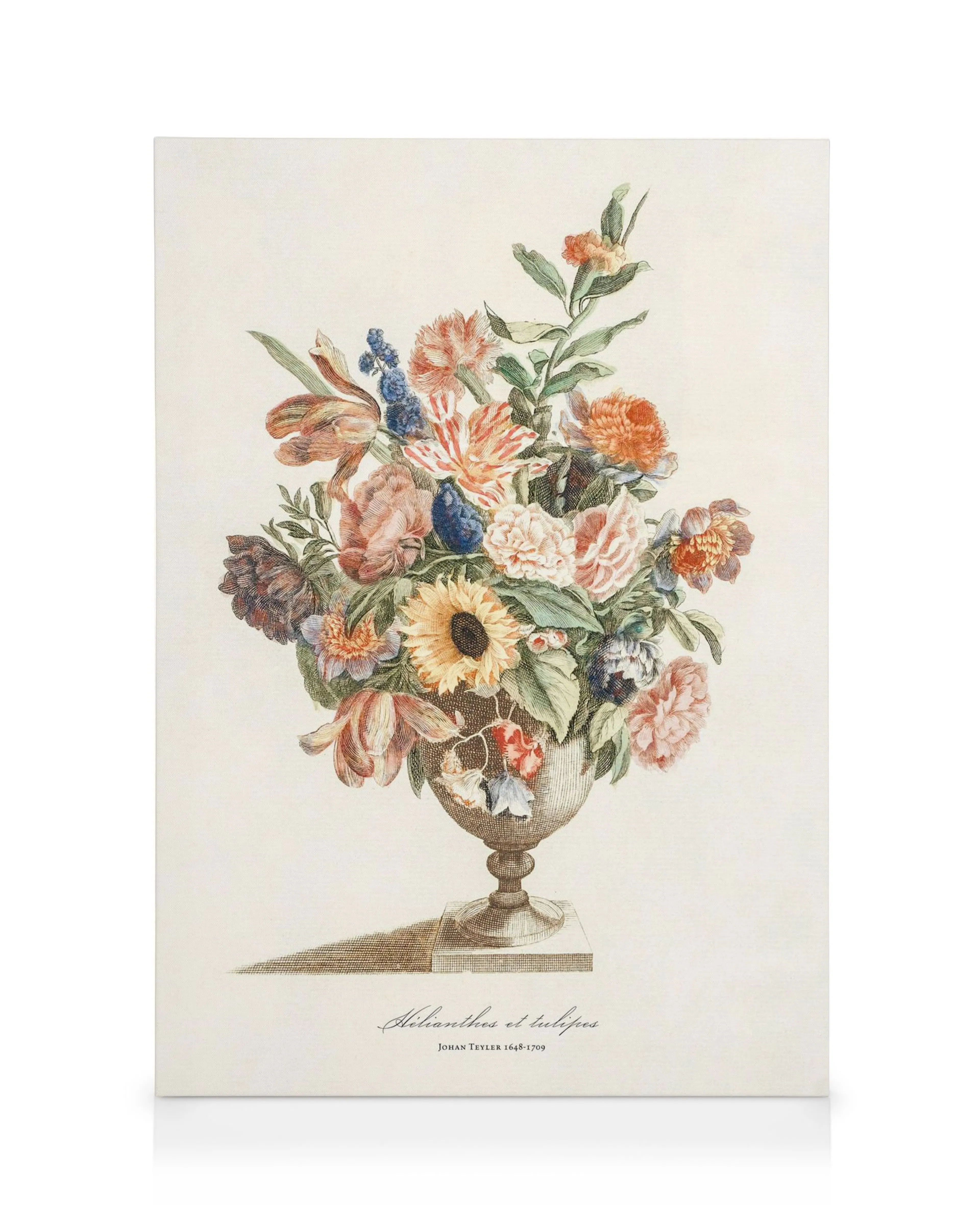 Vintage-Bouquet-Leinwandbild mit Tulpen, Sonnenblumen, Pfingstrosen und anderen Blumen in einer klassischen Vase, detaillierte b