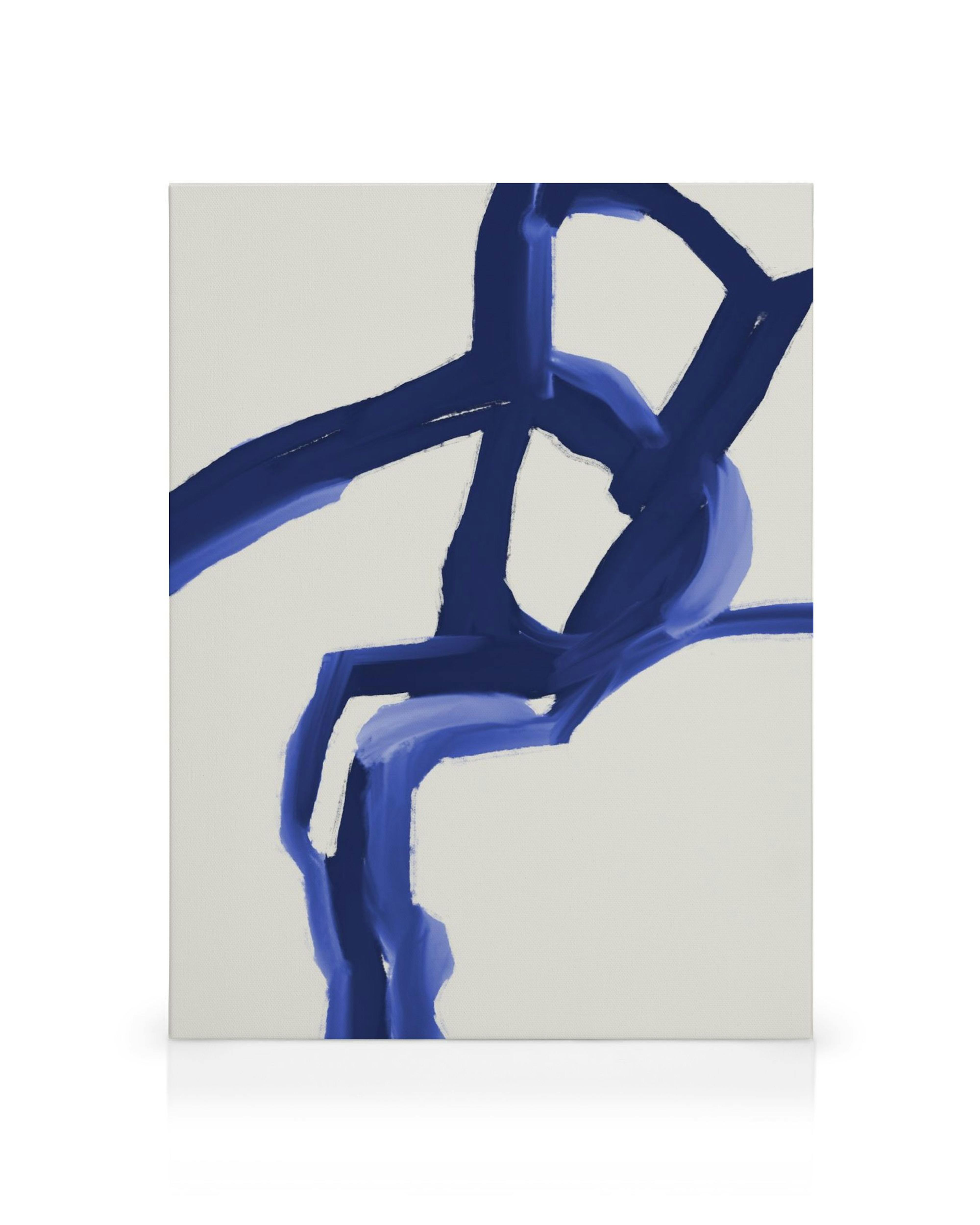 Toile abstraite avec coups de pinceau bleu brossé sur fond blanc, motif interconnecté et texture visible.