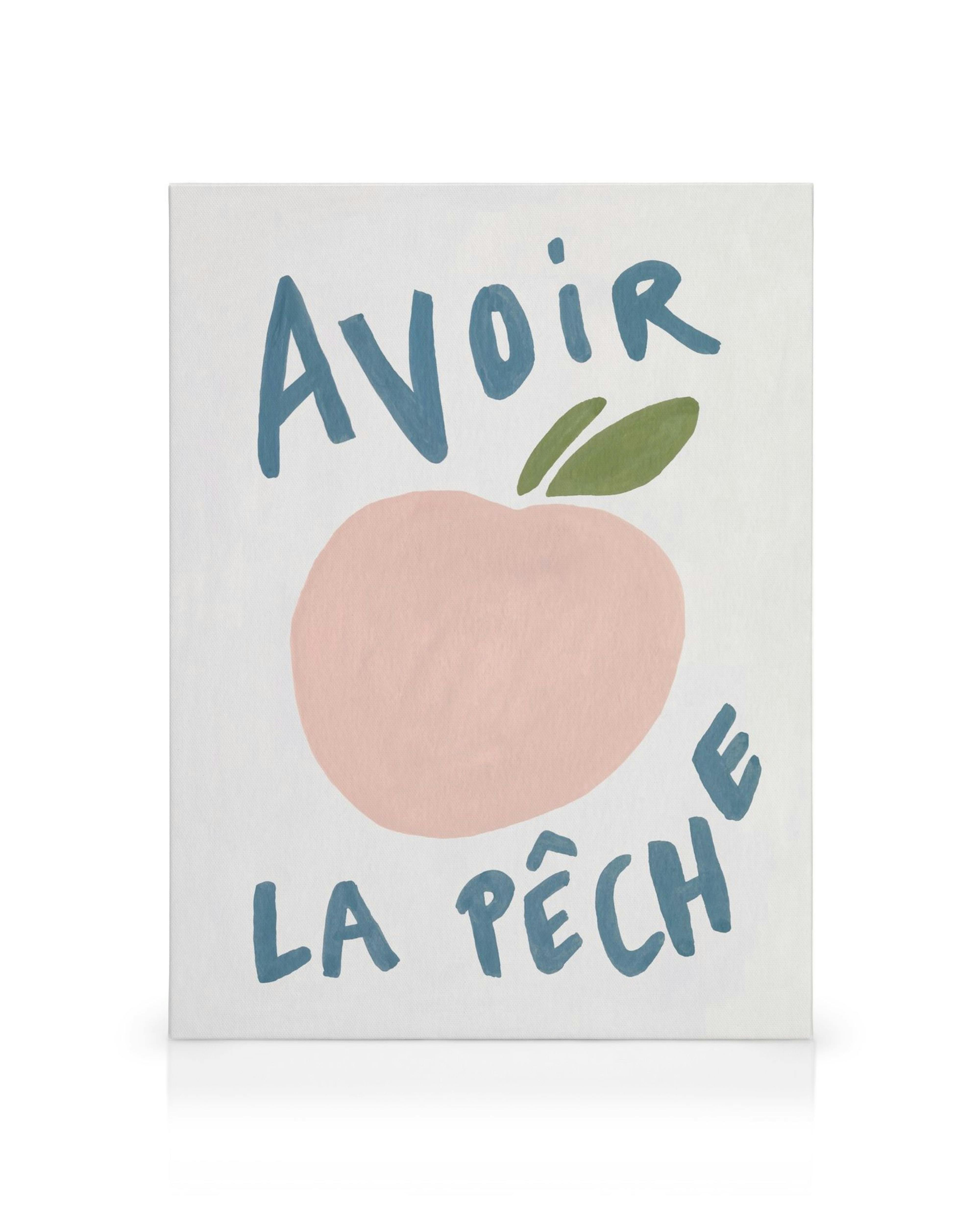 Canvastavla med handmålad persika, gröna blad och texten Avoir La Pêche i blått på vit bakgrund.