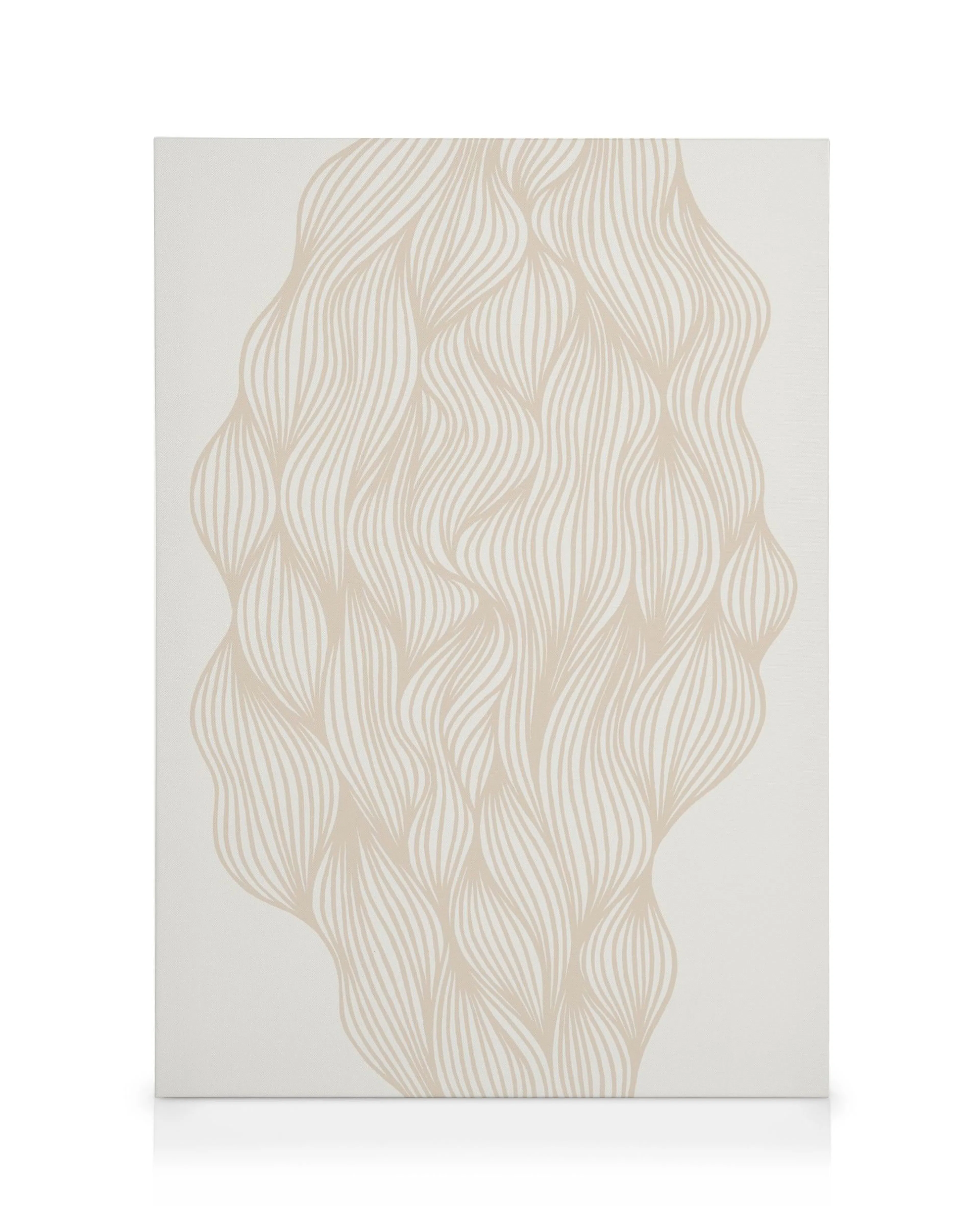 Stampa su tela con linee beige ondulate, larghezza variabile, su sfondo bianco, motivo astratto.