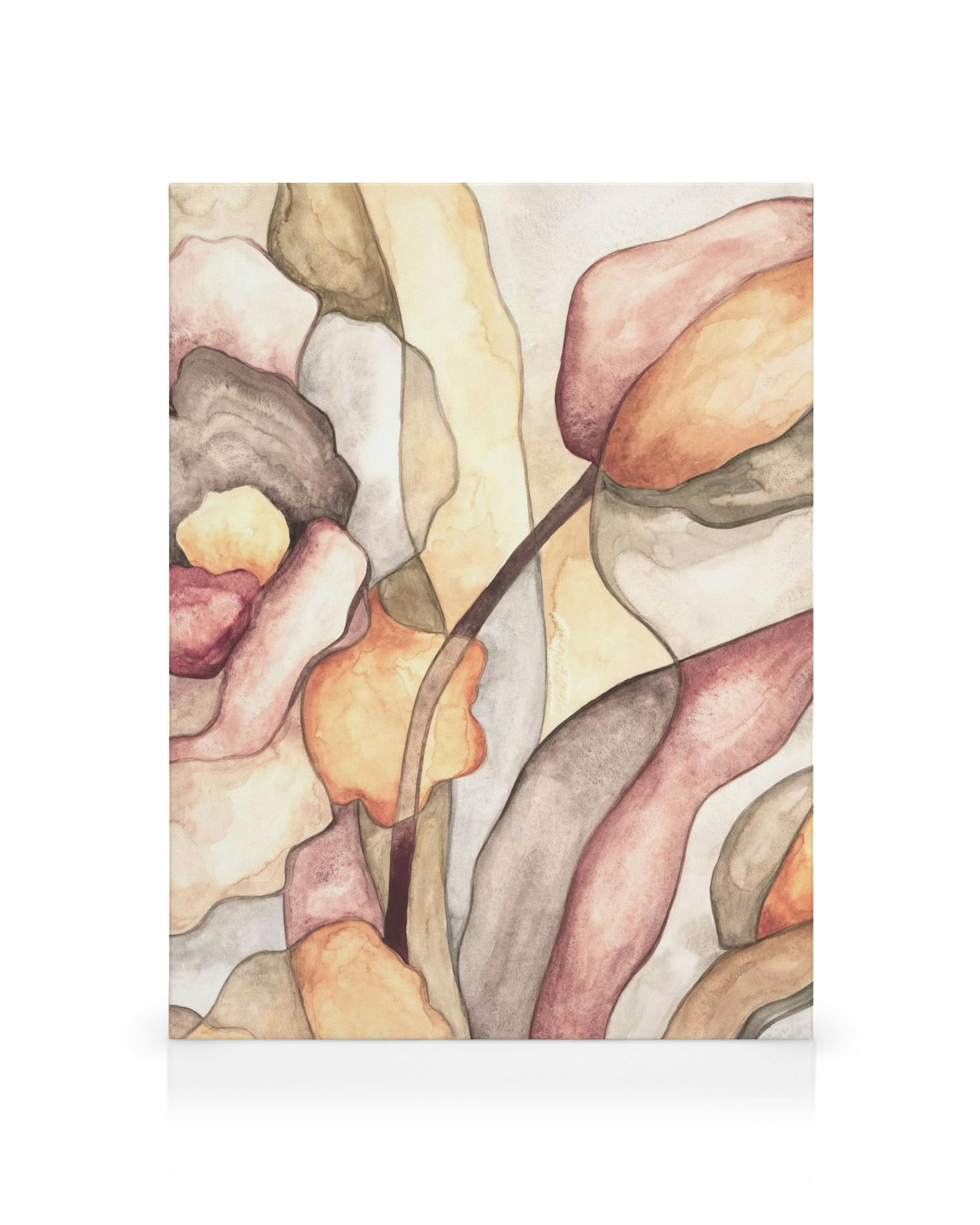 Abstract canvas met organische vormen in aquarel, oranje, bruin, grijs en beige tinten, botanisch accent.