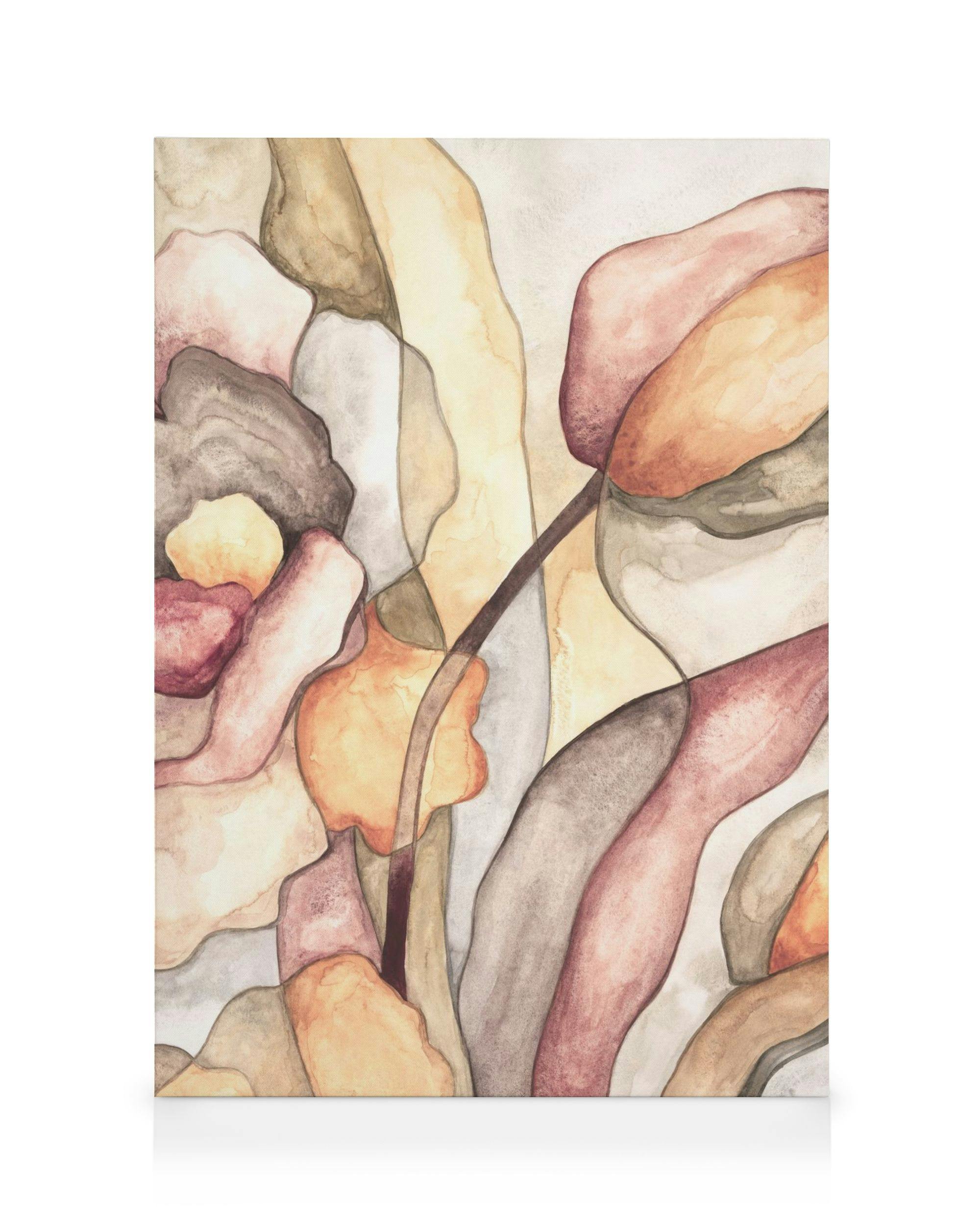 Botanical Shapes No1 lærredstryk, organiske former i varme, jordnære farver som terracotta, okker og gråtoner.