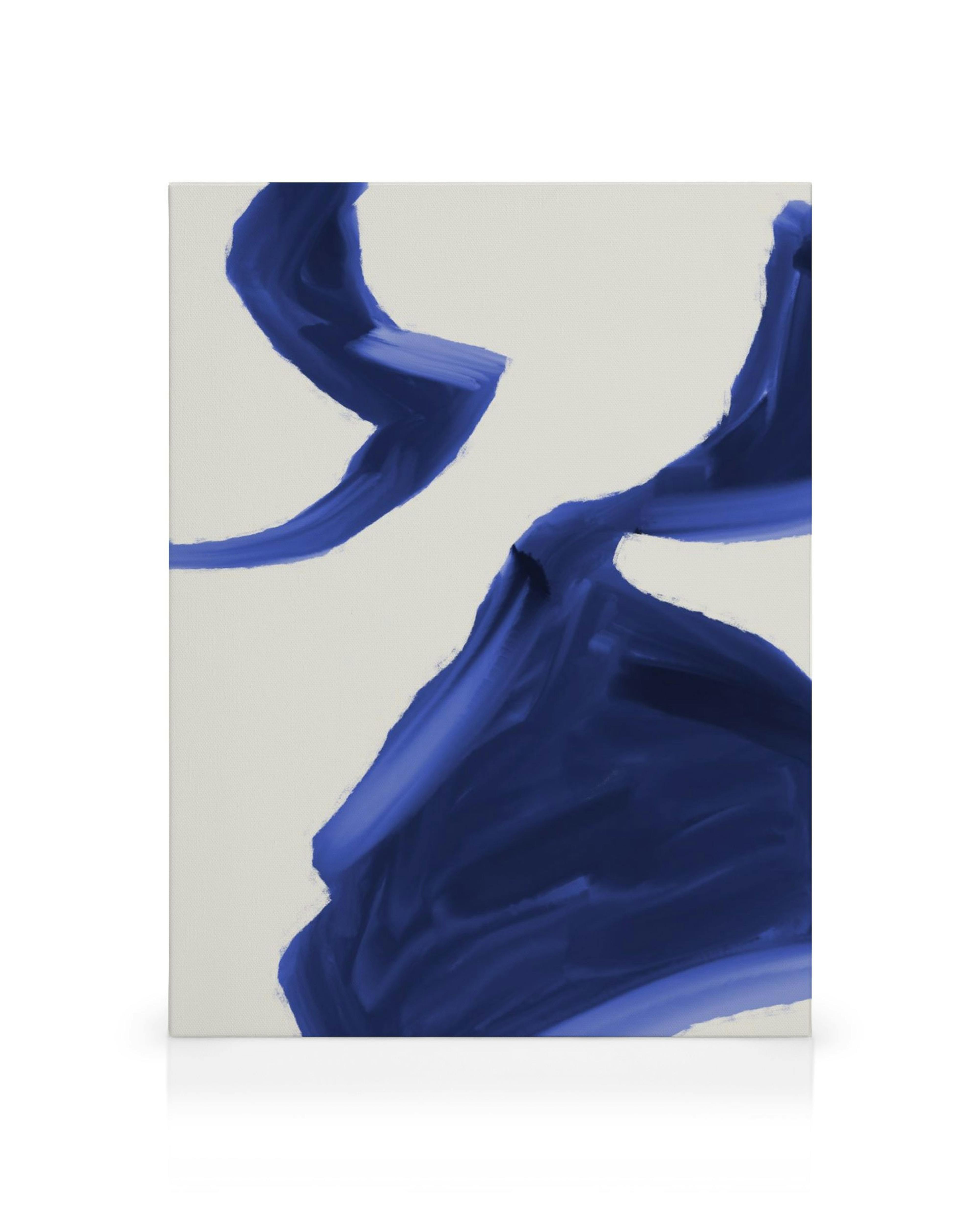 Obraz na płótnie: abstrakcyjne niebieskie pociągnięcia pędzla na białym tle, tworzące nowoczesną kompozycję.