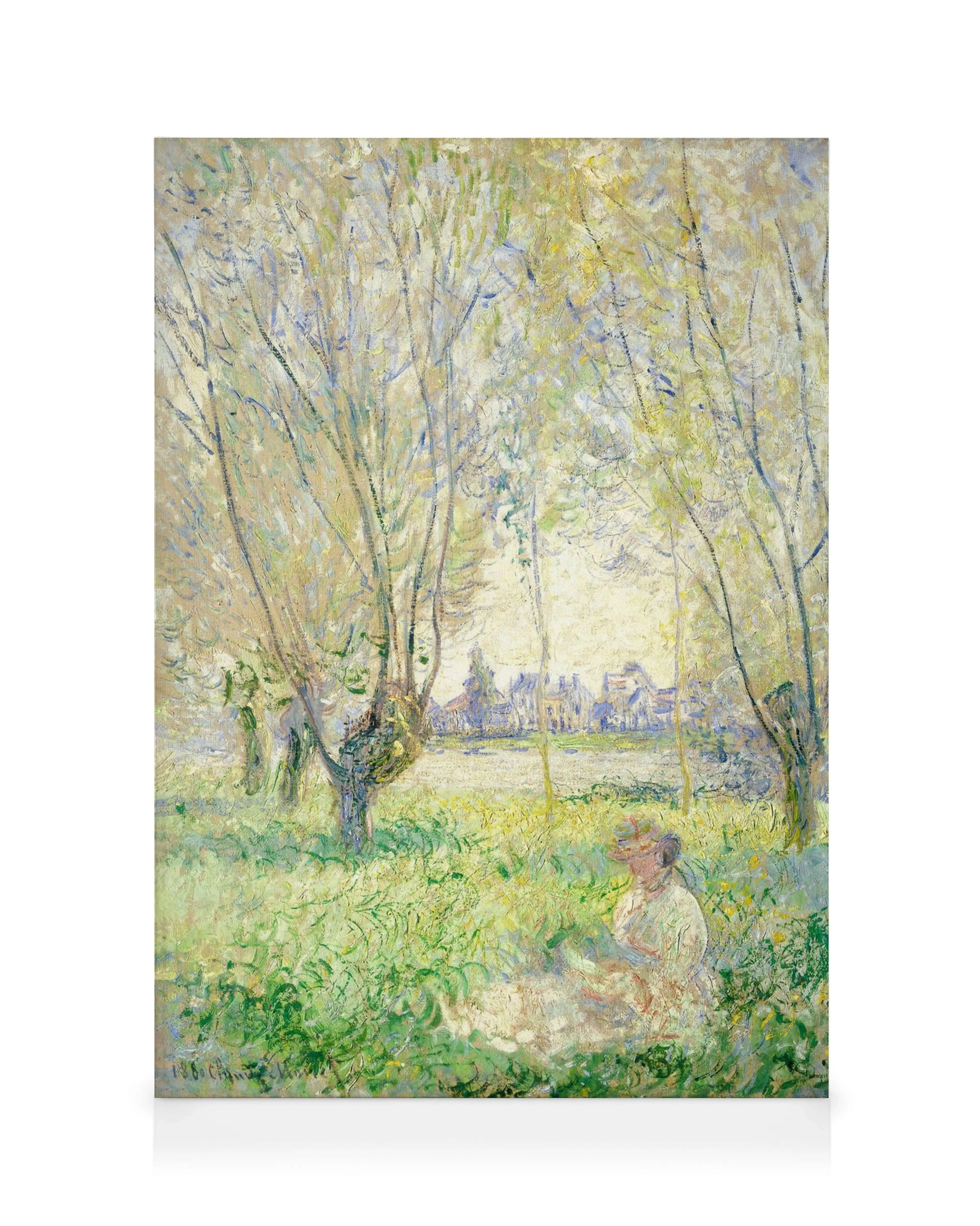 Monets impressionistic painting of a woman seated in a vibrant green meadow under willow trees, with a distant village.