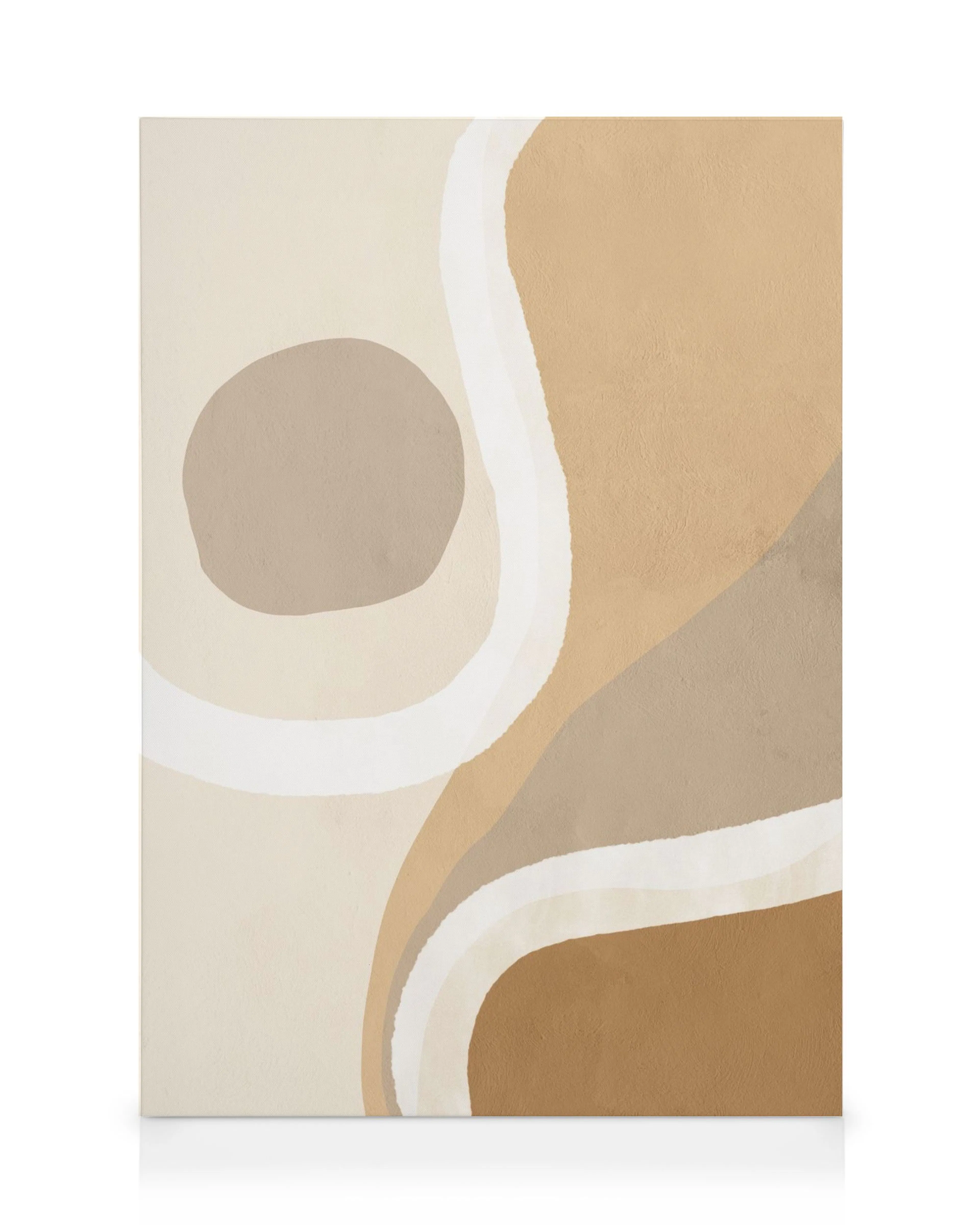 Lienzo abstracto con fondo beige, círculo blanco roto, forma curva marrón y línea ondulada blanca, arte de pared elegante.