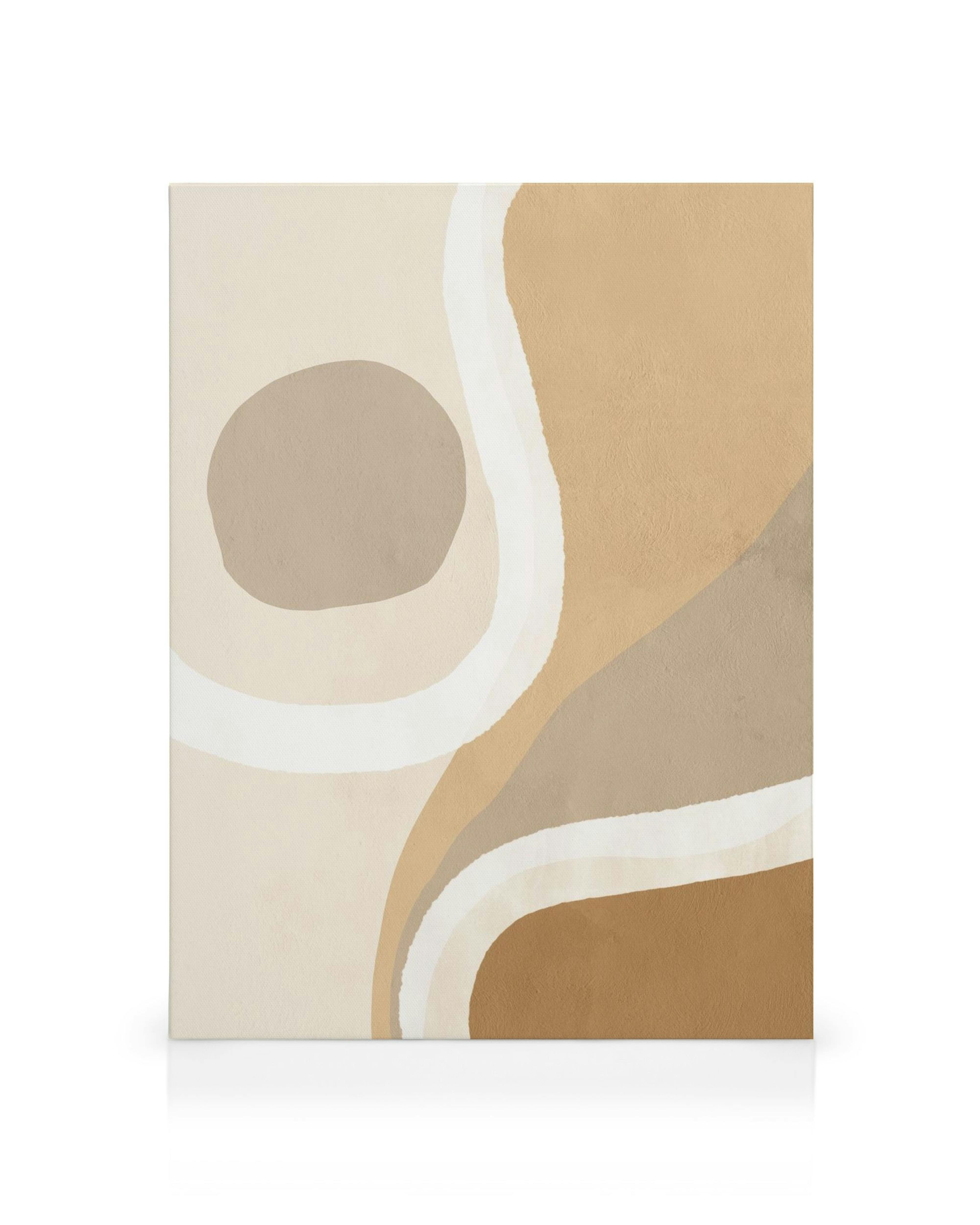Warm Shapes No1 canvas print, featuring a beige circle, brown curved shape, and white wavy line on a light beige background.
