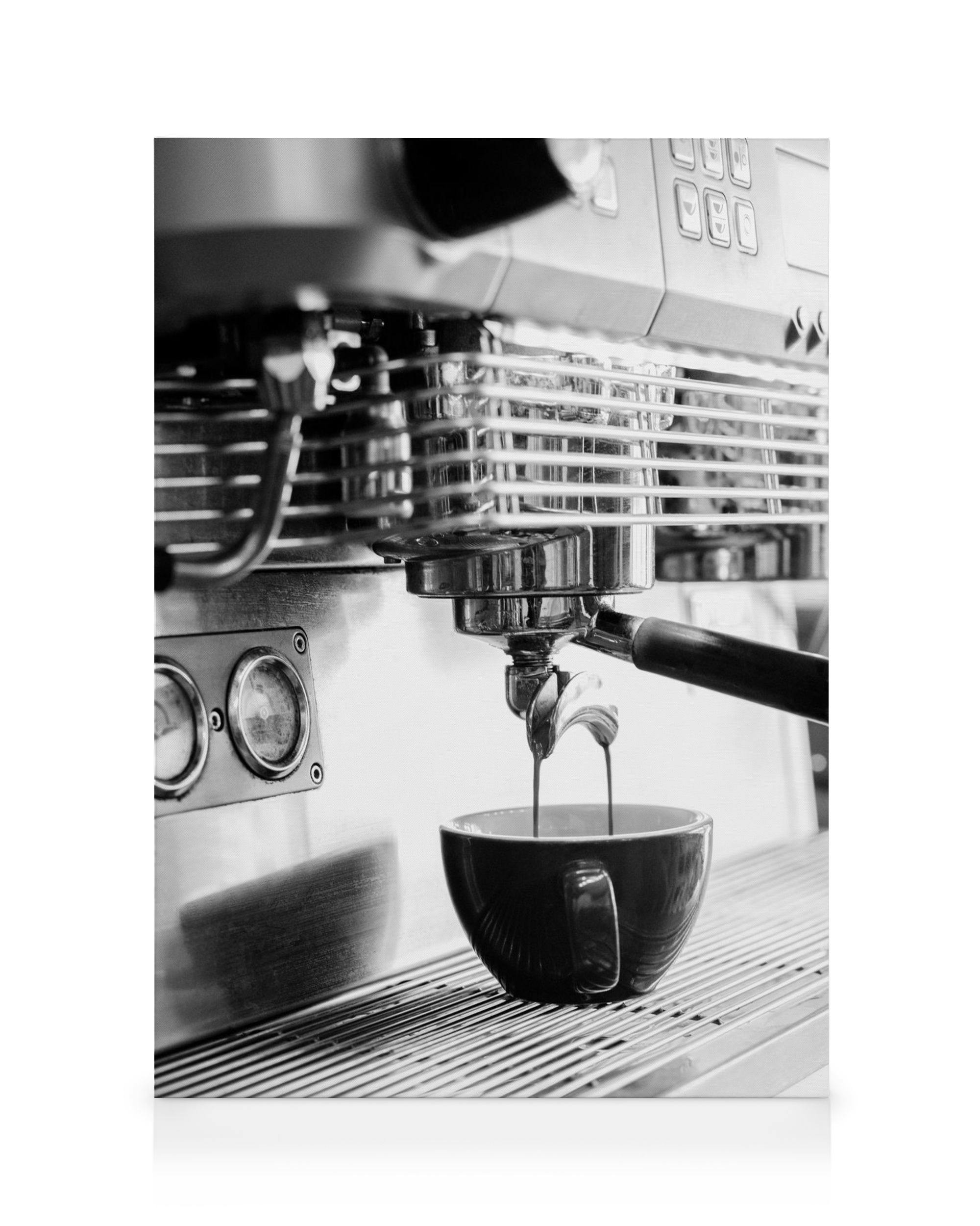 Sort-hvidt lærred af espressobrygning fra maskine til kop, fokus på kaffebrygning, caféstemning.