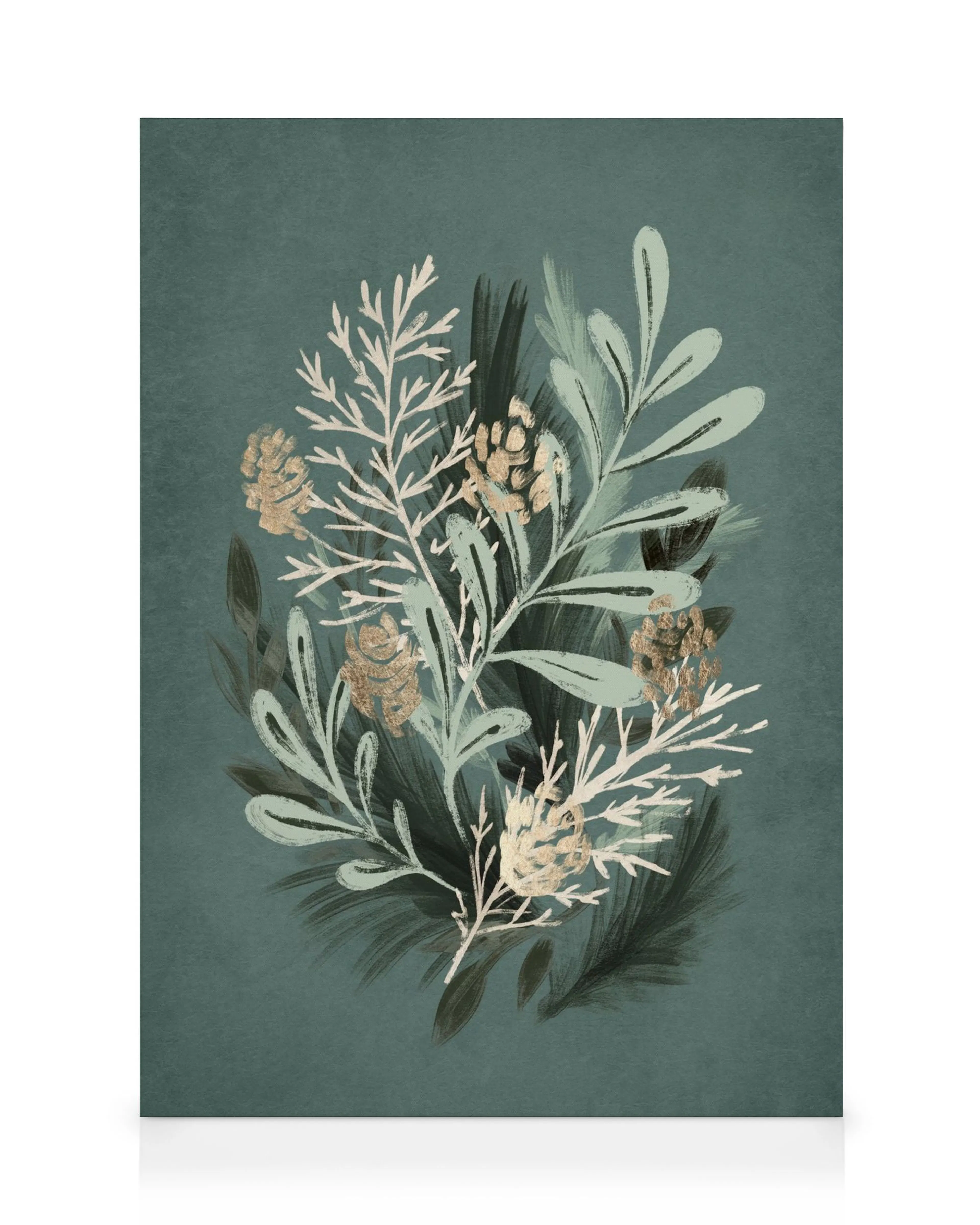 Grünes botanisches Leinwandbild mit goldglänzenden Zapfen, Blättern und Zweigen auf dunkelgrünem Hintergrund.