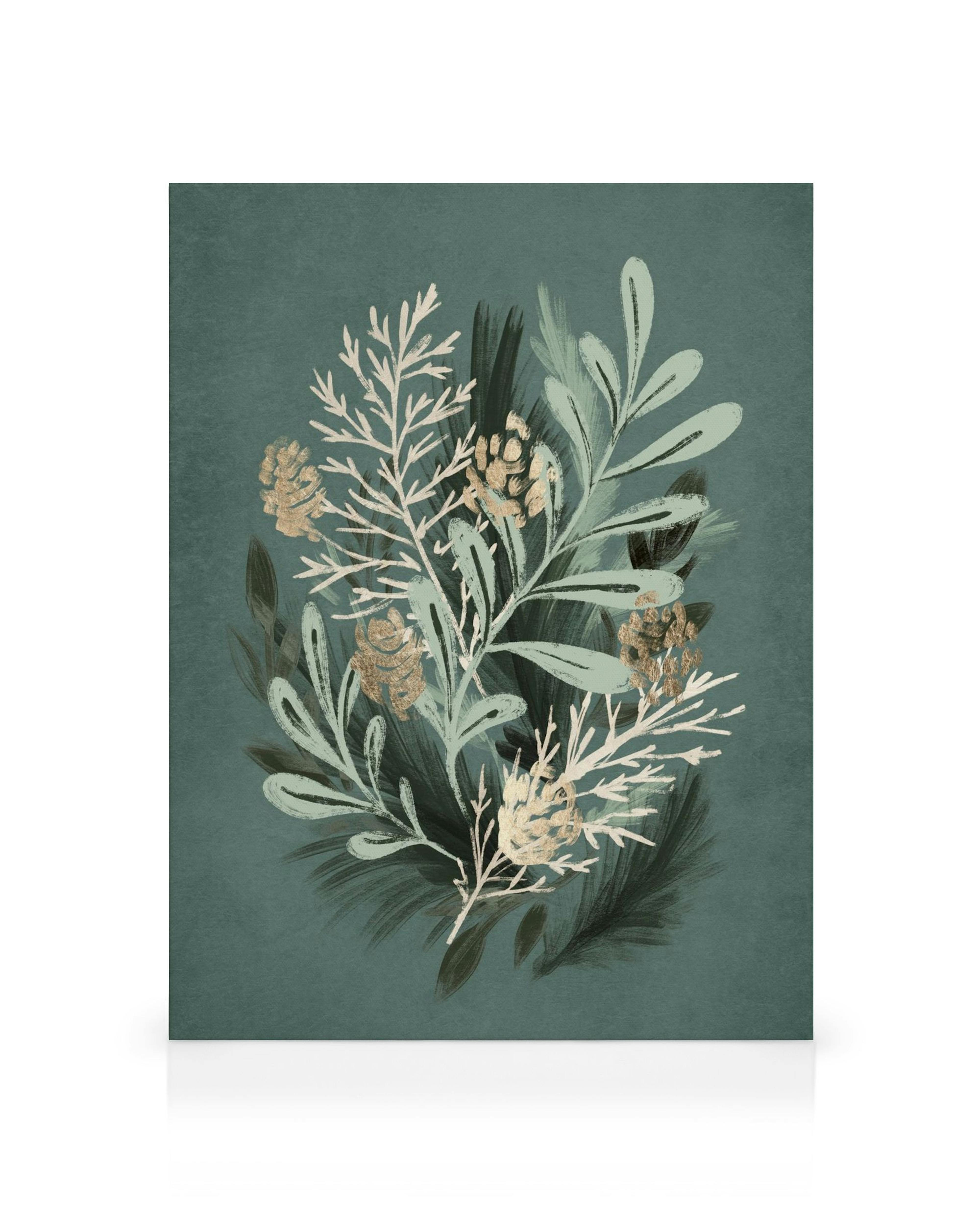 Lienzo botánico verde con piñas doradas y hojas en tonos verdes sobre fondo verde oscuro.