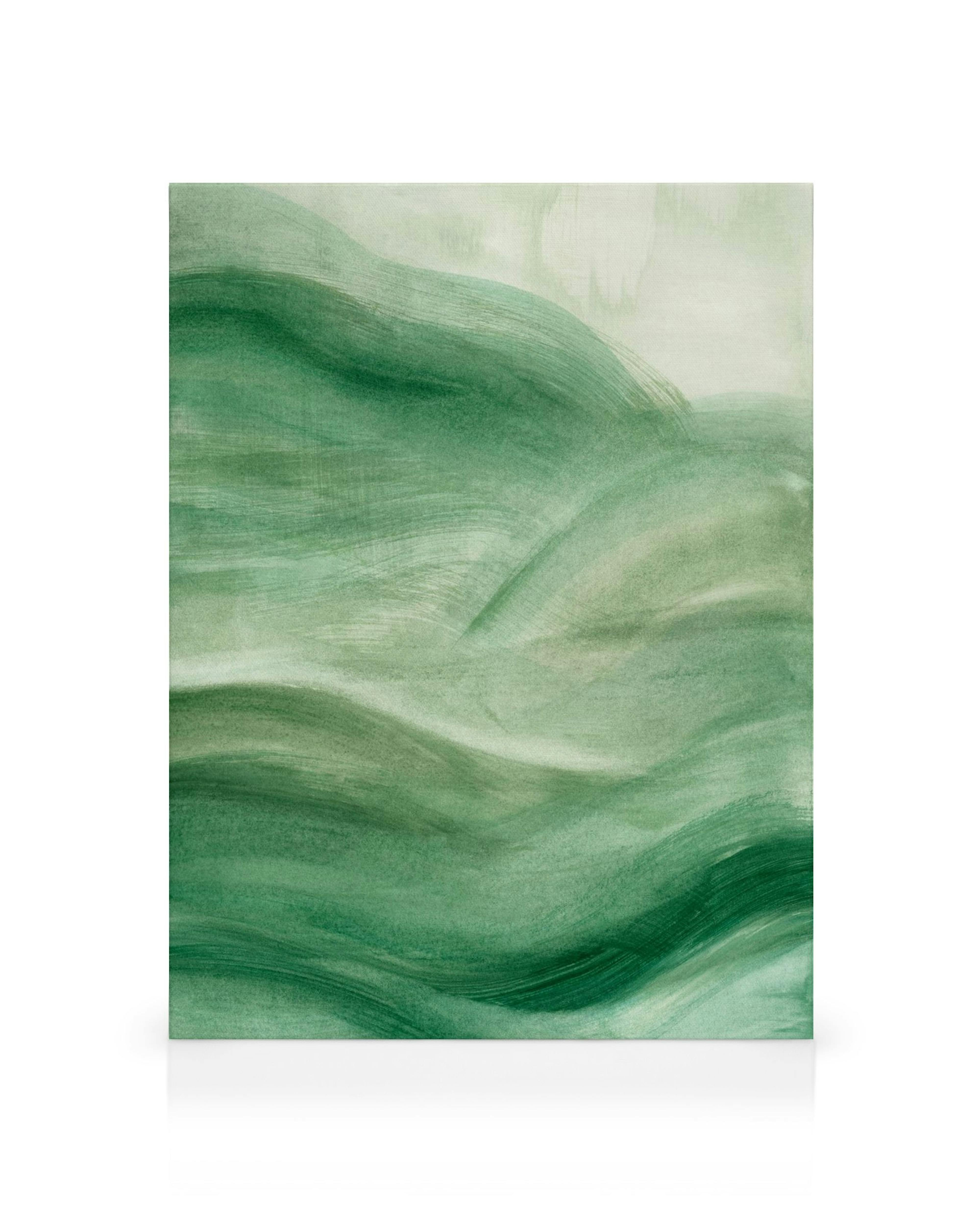 Toile abstraite avec des lignes ondulées vertes sur fond blanc, nuances de vert clair à foncé