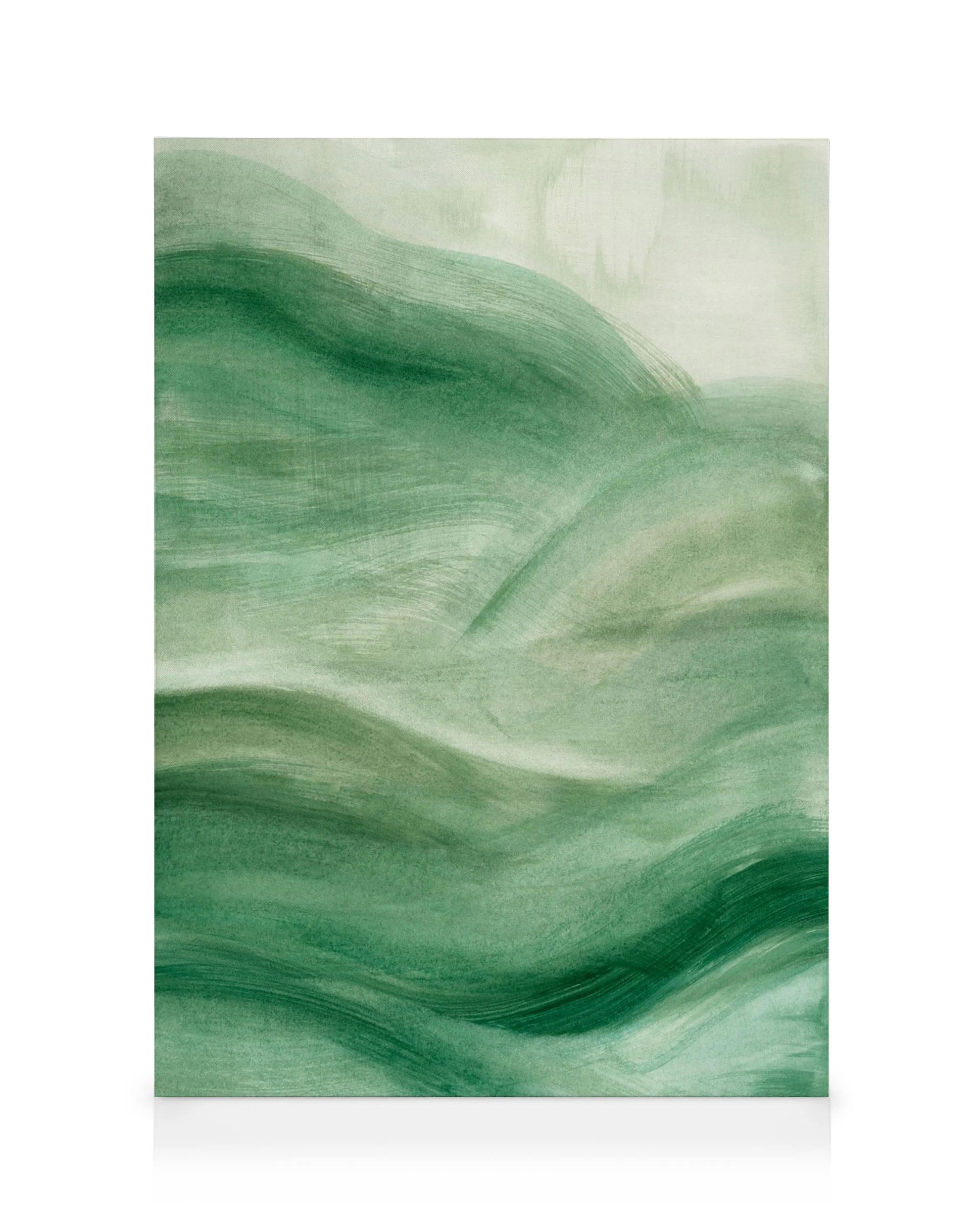Lienzo abstracto con líneas onduladas verdes, tonos claros a oscuros, sobre fondo blanco, arte de pared fluido.