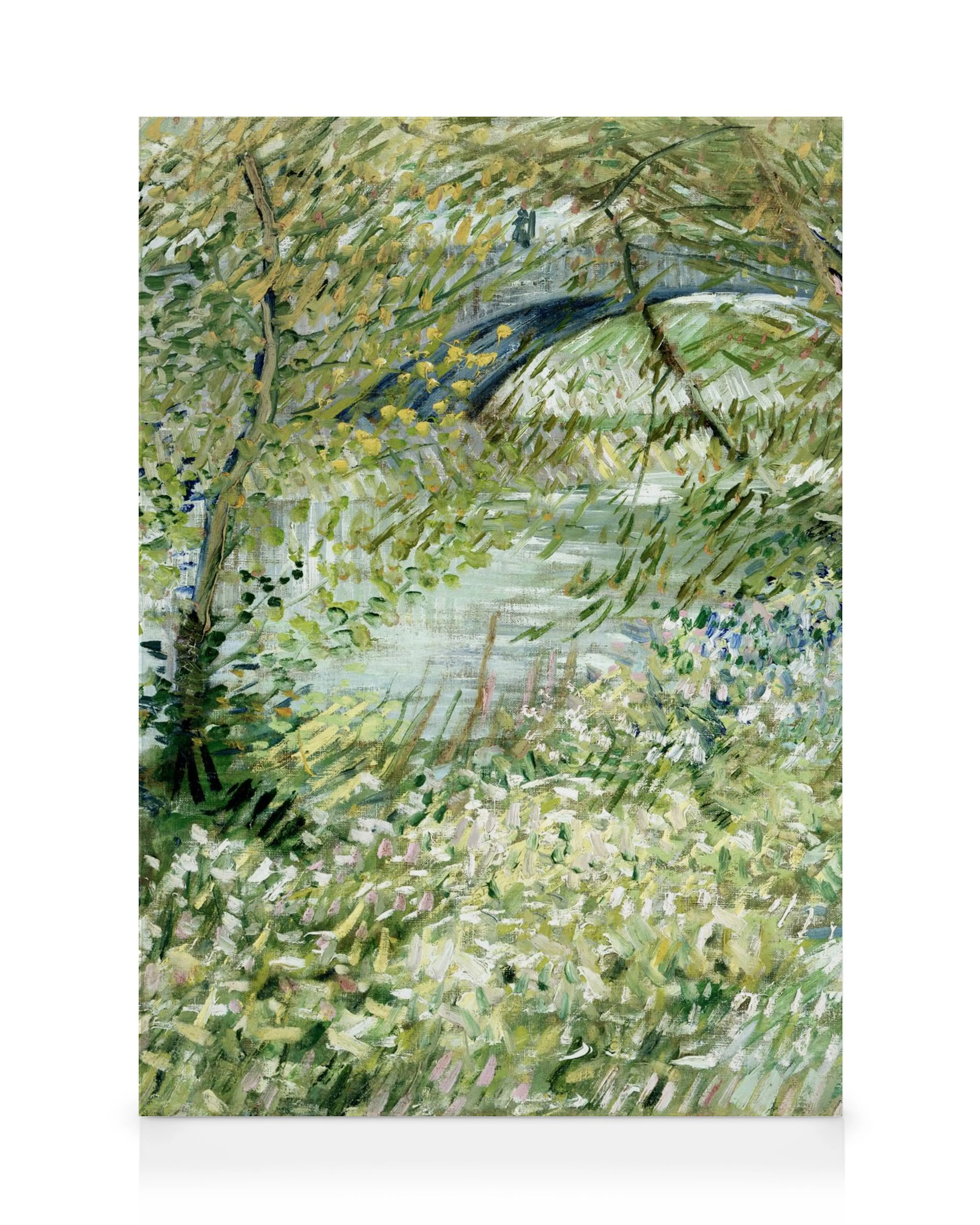 Van Gogh, River Bank in Springtime -kanvaasi, jossa on impressionistinen maisemamaalaus vehreästä joenrannasta ja sillasta.
