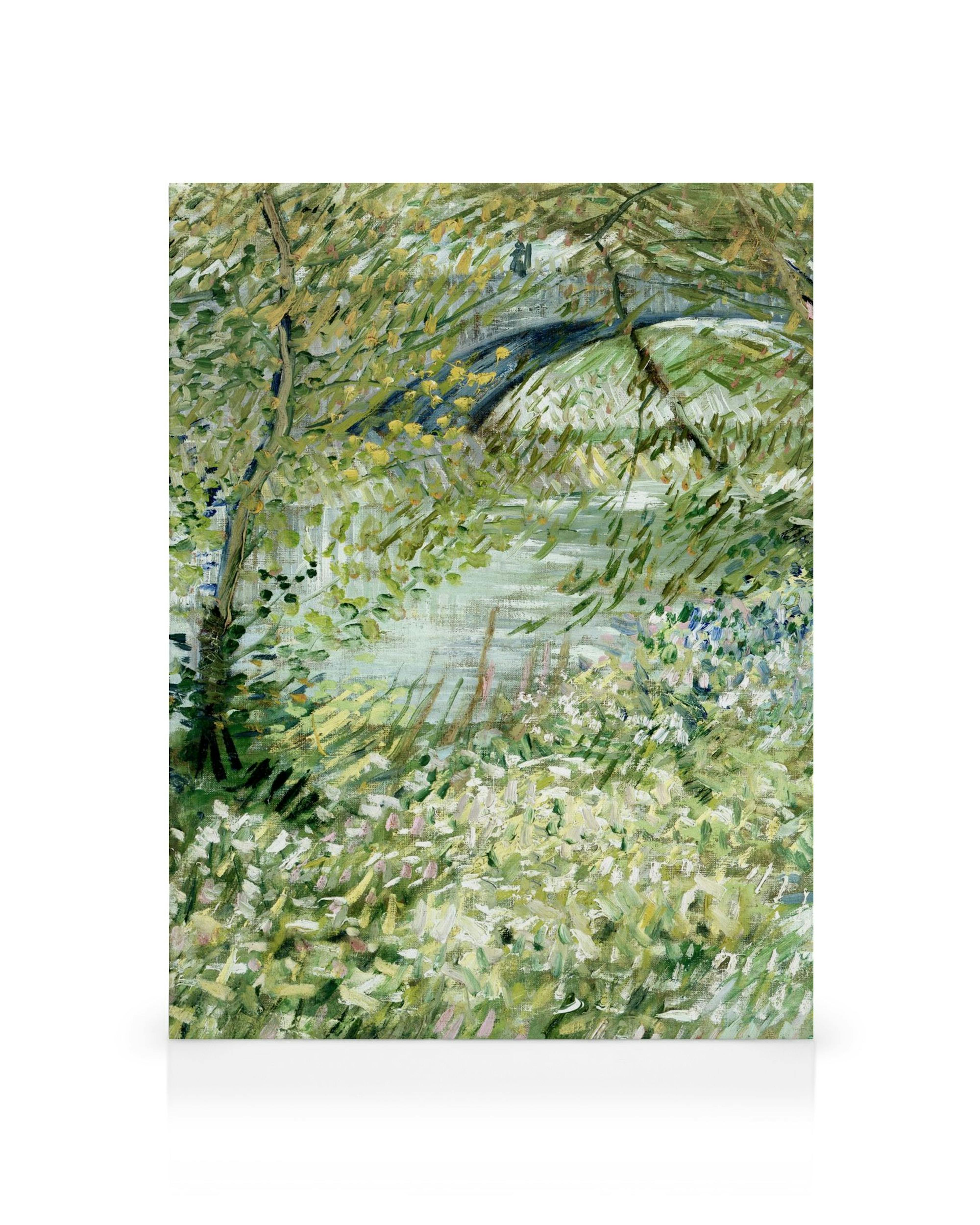 Van Goghs River Bank in Springtime impressionist canvas print, featuring a lush green riverbank with trees and flowers.