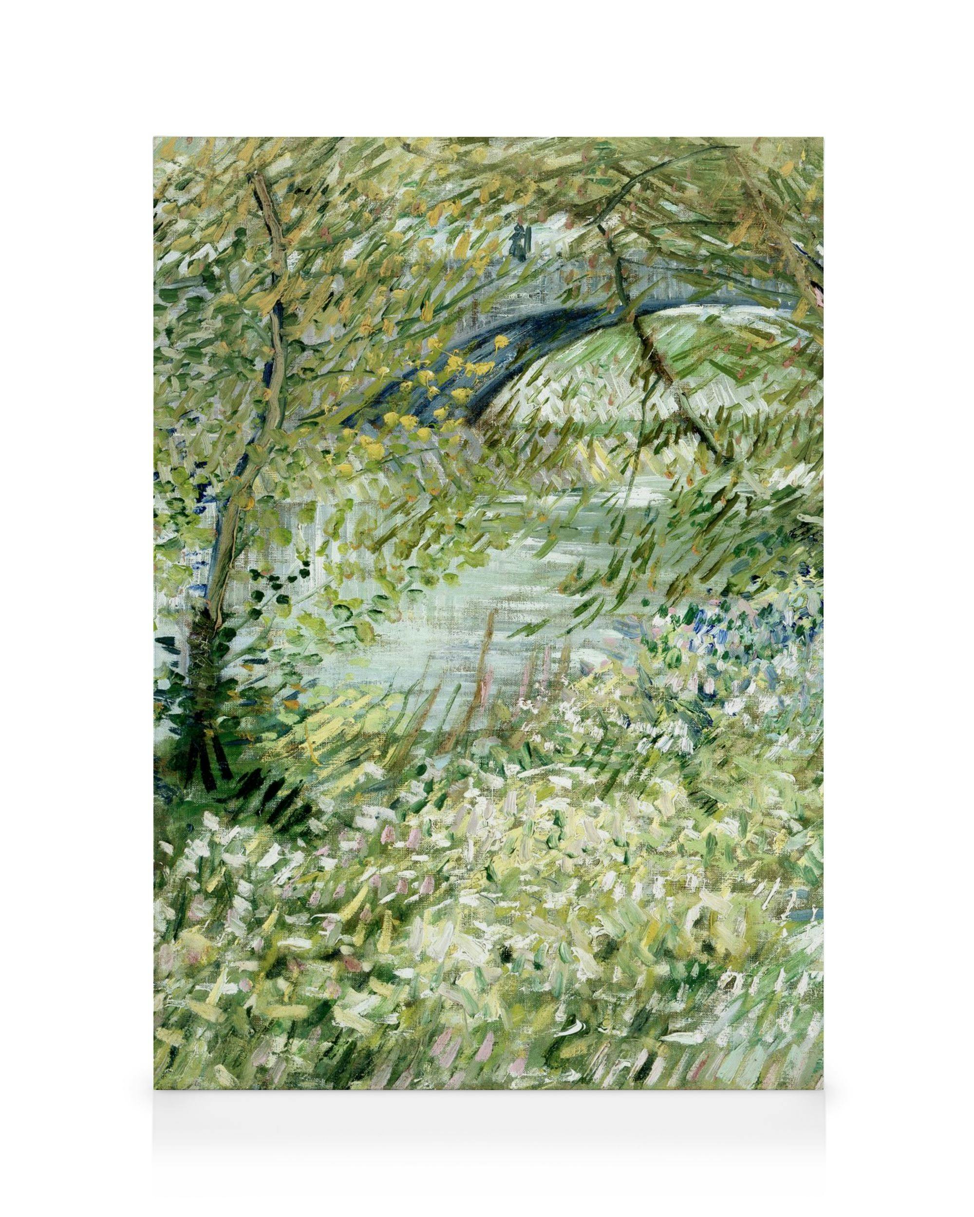 Van Gogh Flussufer im Frühling, impressionistische Landschaftsmalerei mit Brücke, Bäumen und Blumen. Leinwandbild.