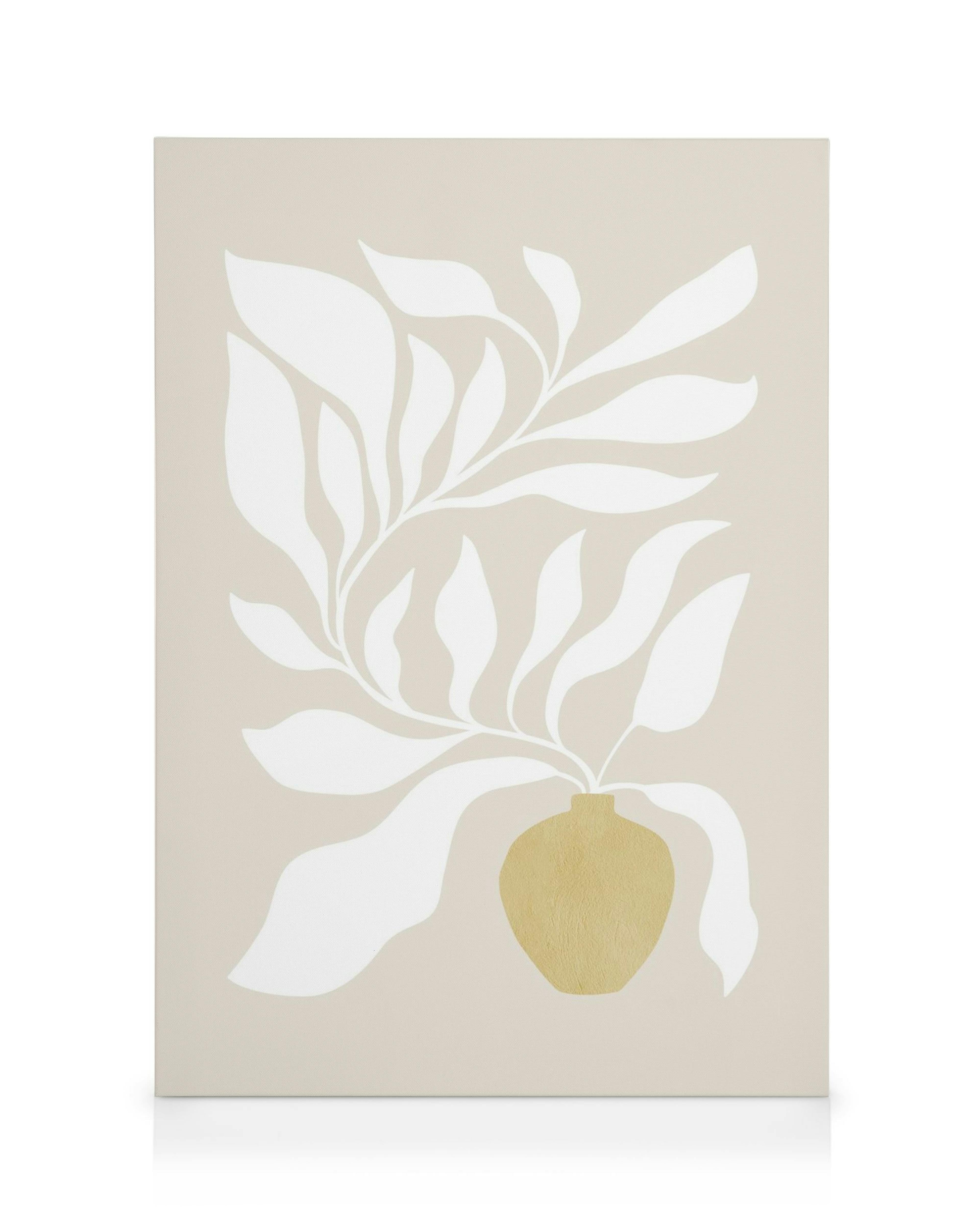 White botanical canvas print with plant silhouette and gold fruit on beige background.