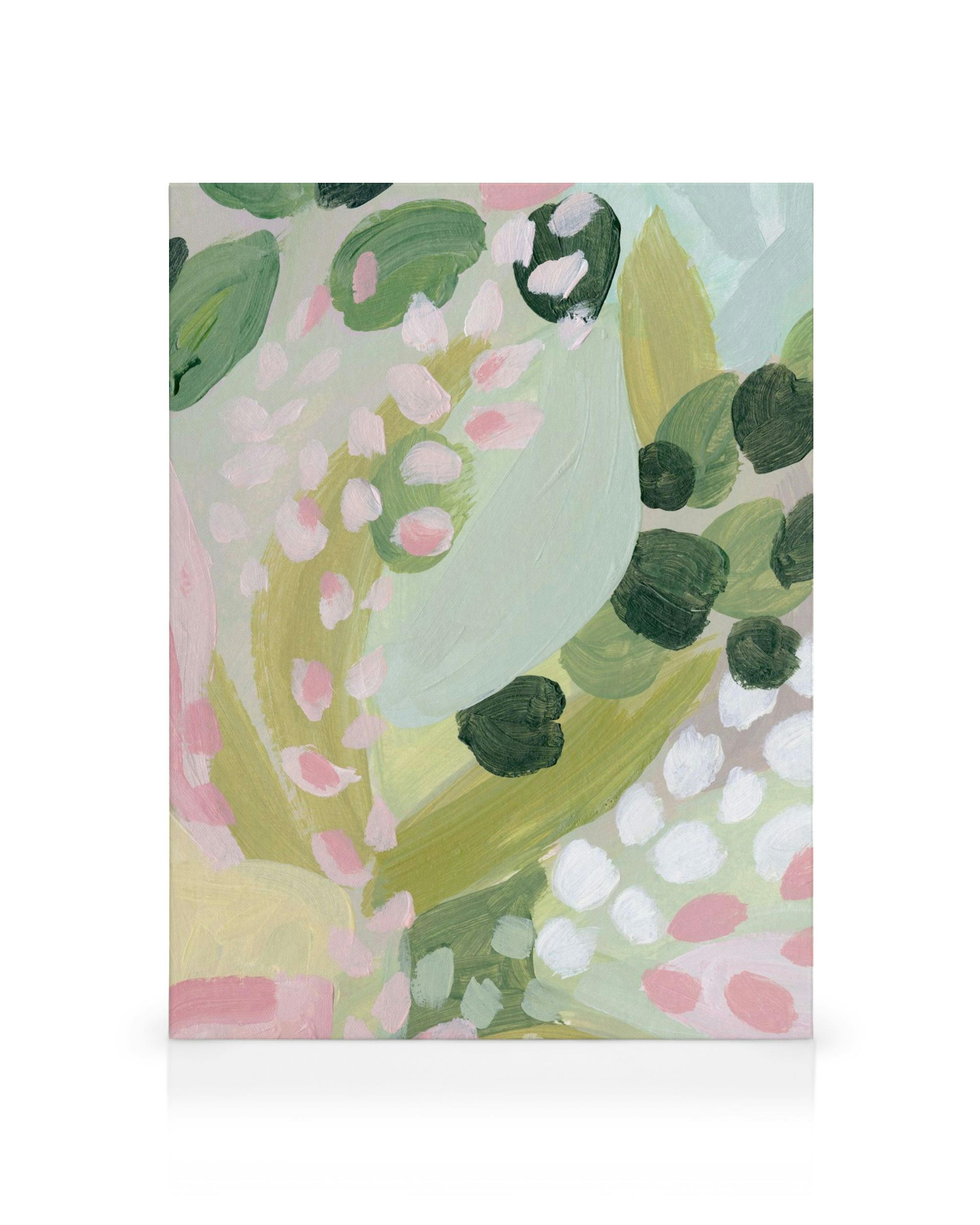 Abstract botanical canvas print with green, pink, white, and yellow brushstrokes and leaf-like shapes.