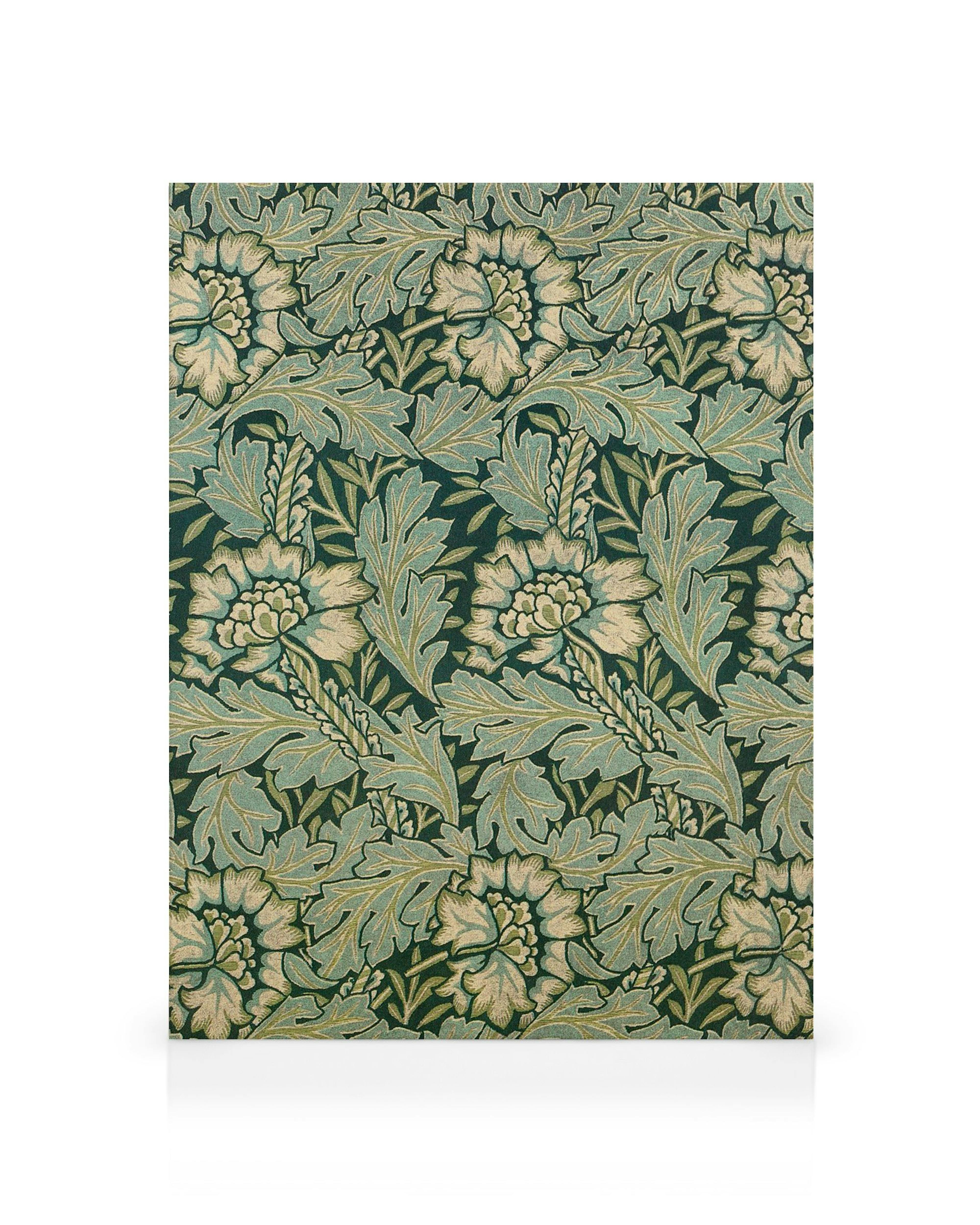Plátno s opakujícím se vzorem zelených listů a béžových květů sasanky ve stylu Williama Morrise.