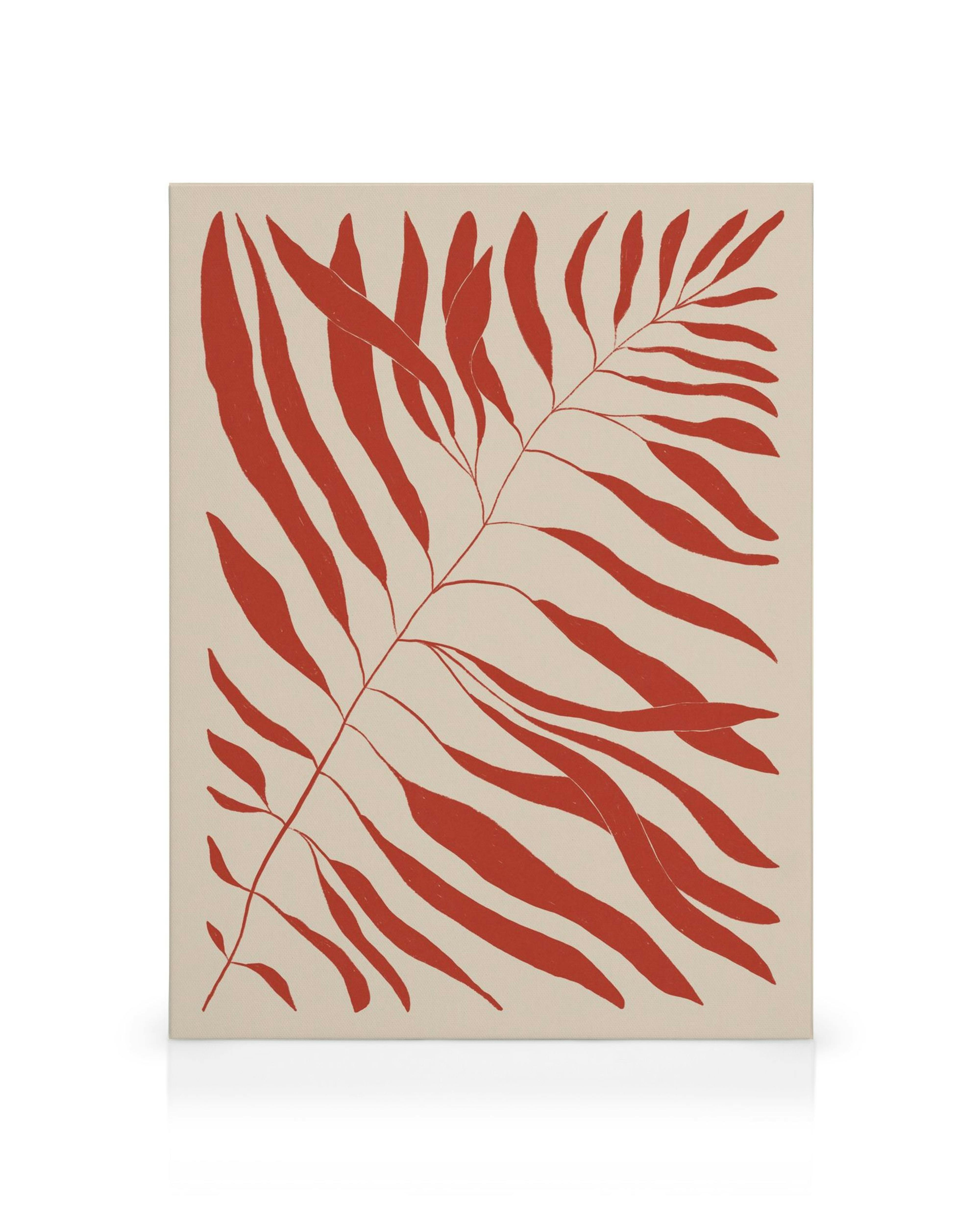 Obraz na płótnie z czerwonymi liśćmi paproci na beżowym tle, wzór botaniczny, nowoczesny wystrój wnętrz.