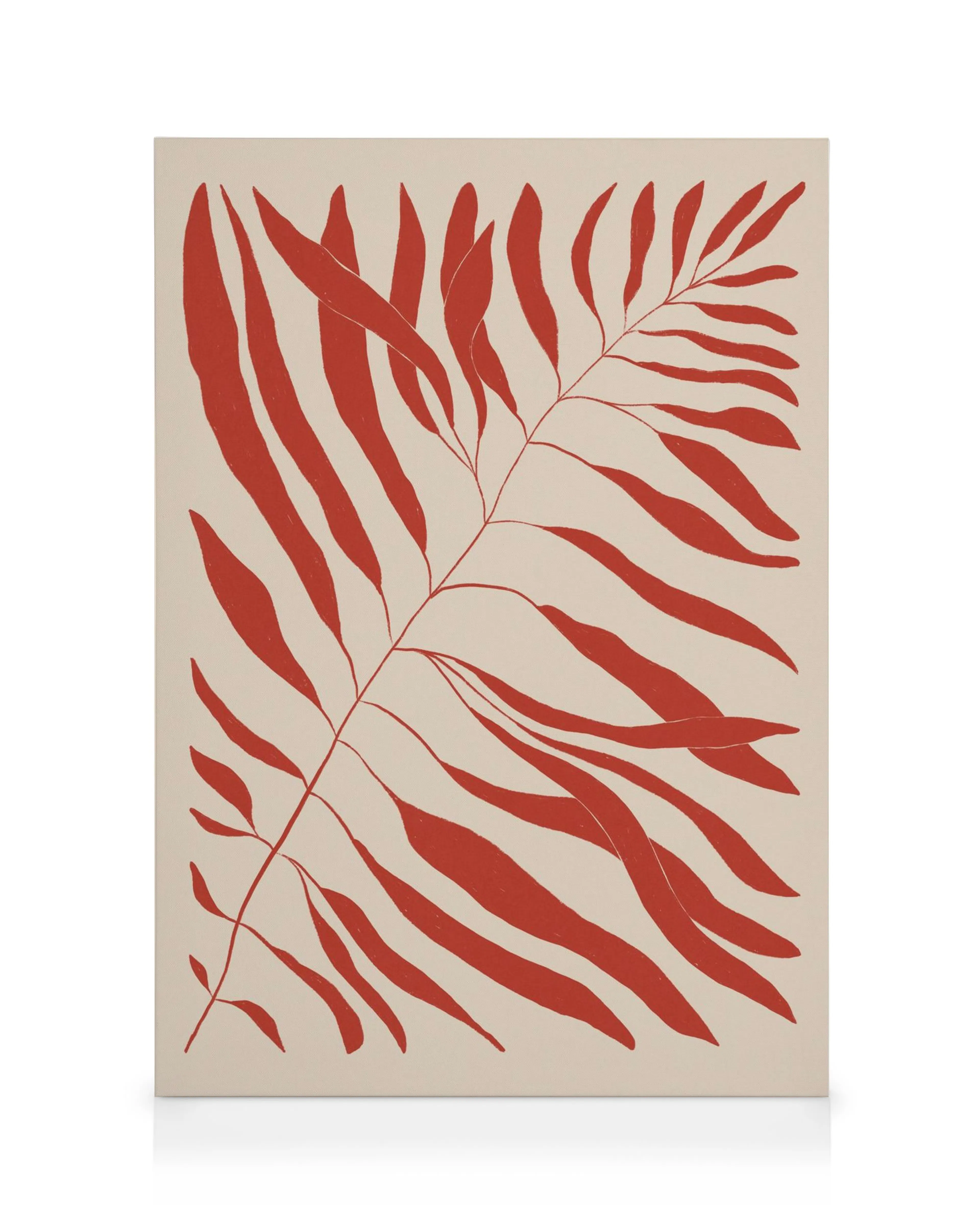 Canvas met rode varenbladeren die elkaar overlappen op een effen beige achtergrond, moderne wanddecoratie.