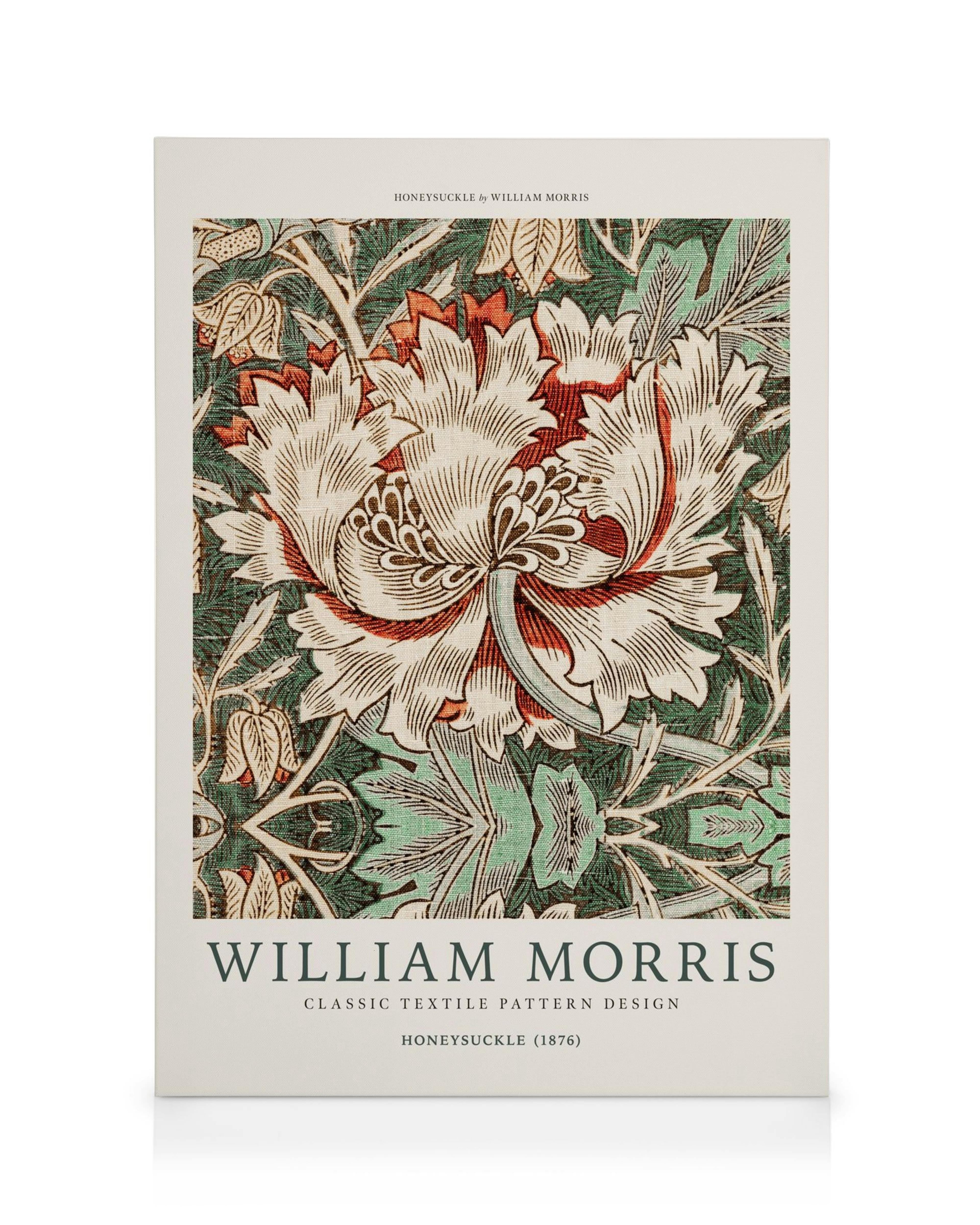 William Morris Honeysuckle floral art nouveau canvas print with intricate red, white, and green botanical pattern