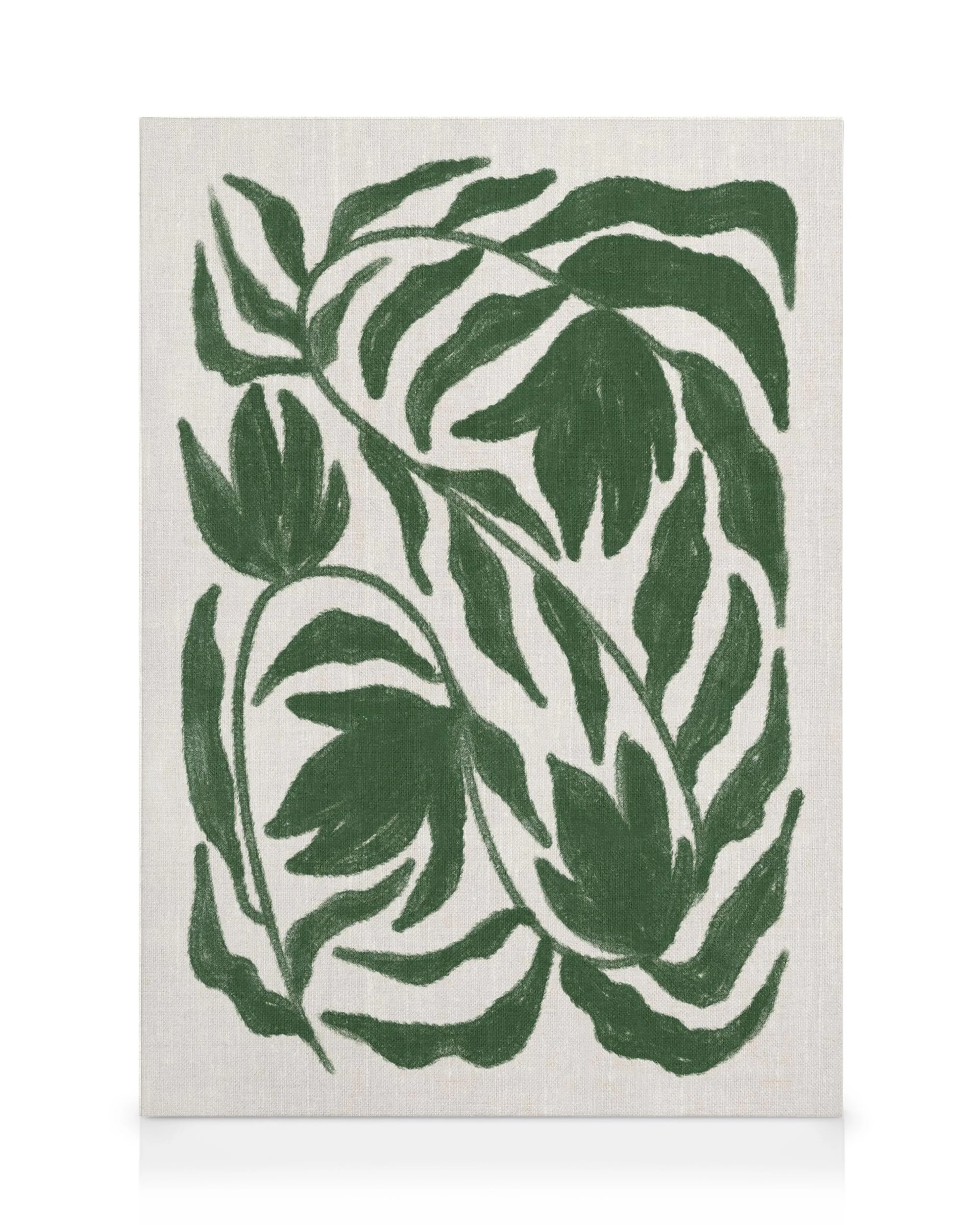 Toile botanique avec des formes de feuilles vertes abstraites sur fond clair, pour une décoration murale moderne.