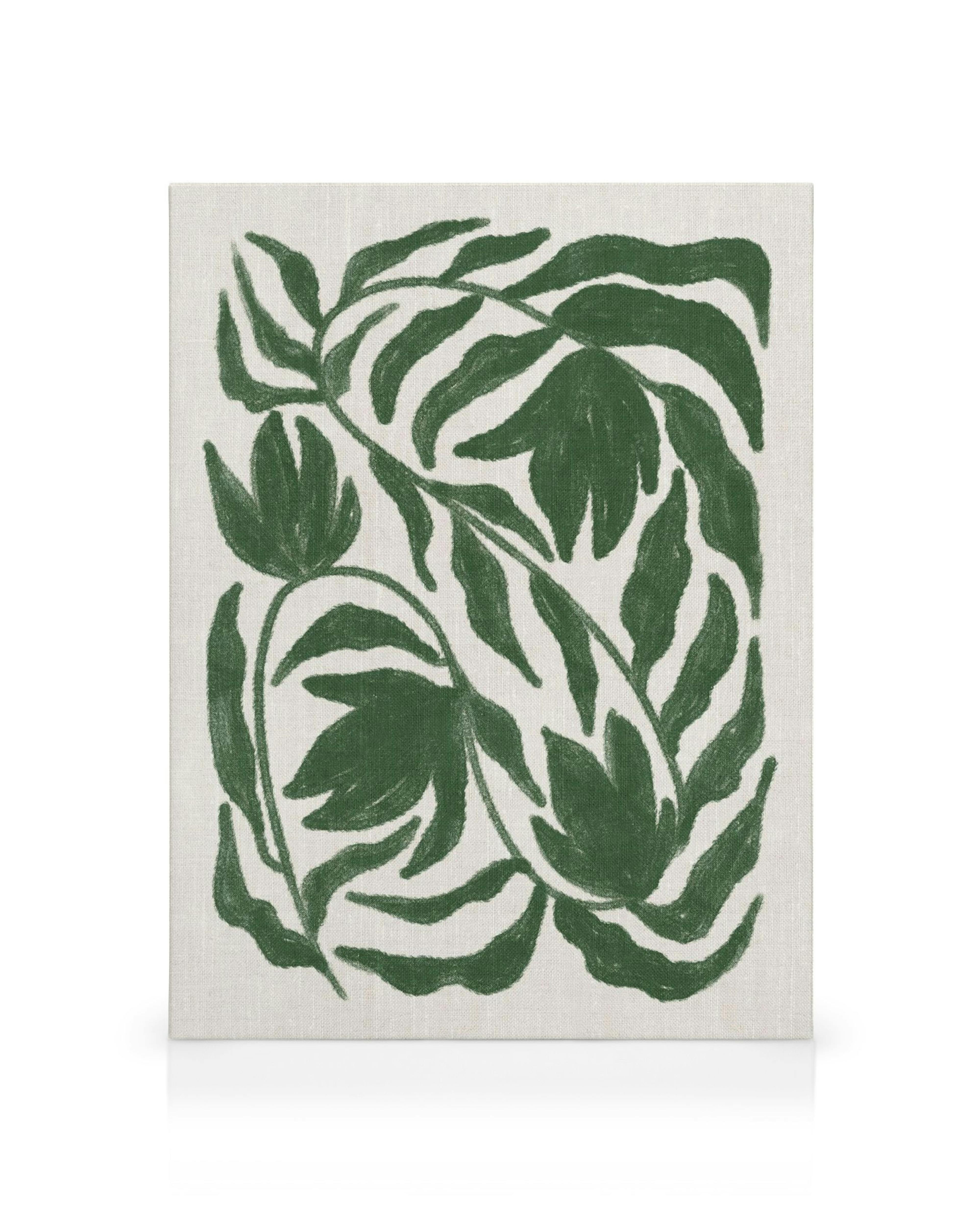Stampa su tela con foglie botaniche verdi astratte su sfondo bianco sporco testurizzato, arte moderna da parete.