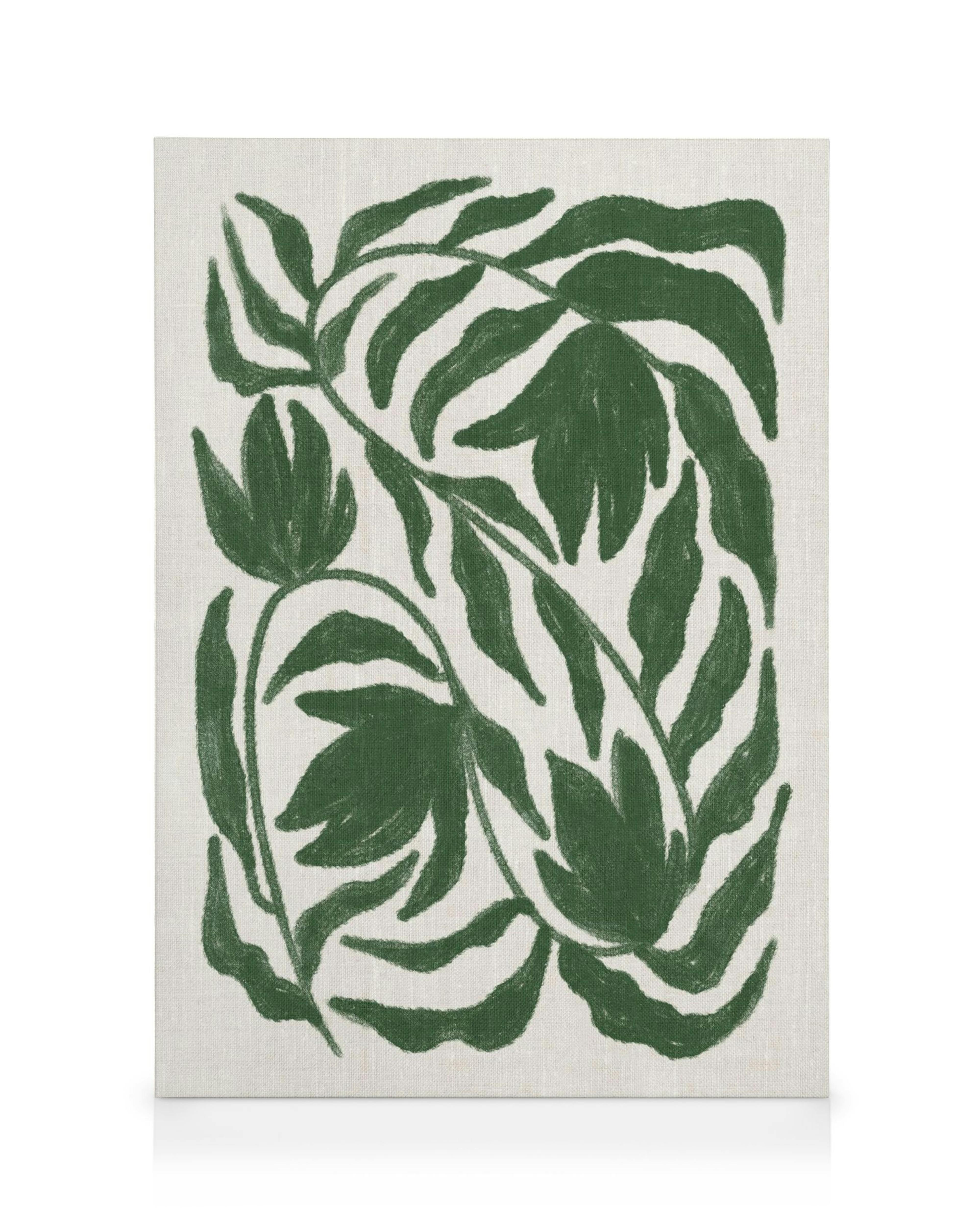 Toile botanique avec des formes de feuilles vertes abstraites et organiques sur un fond blanc cassé, évoquant une esthétique mod