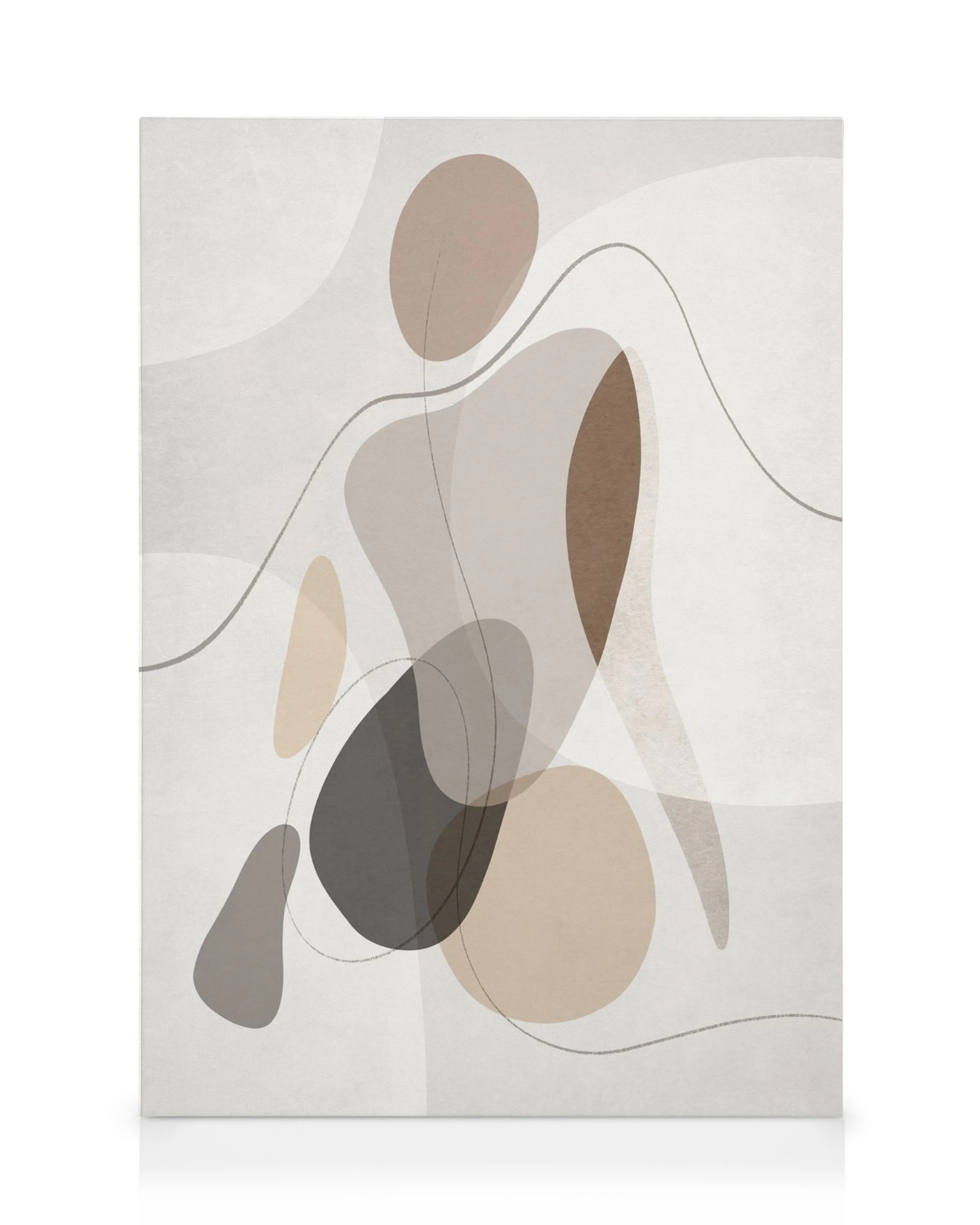 Stampa su tela con forme organiche in marrone, beige e nero su sfondo bianco sporco, linee curve