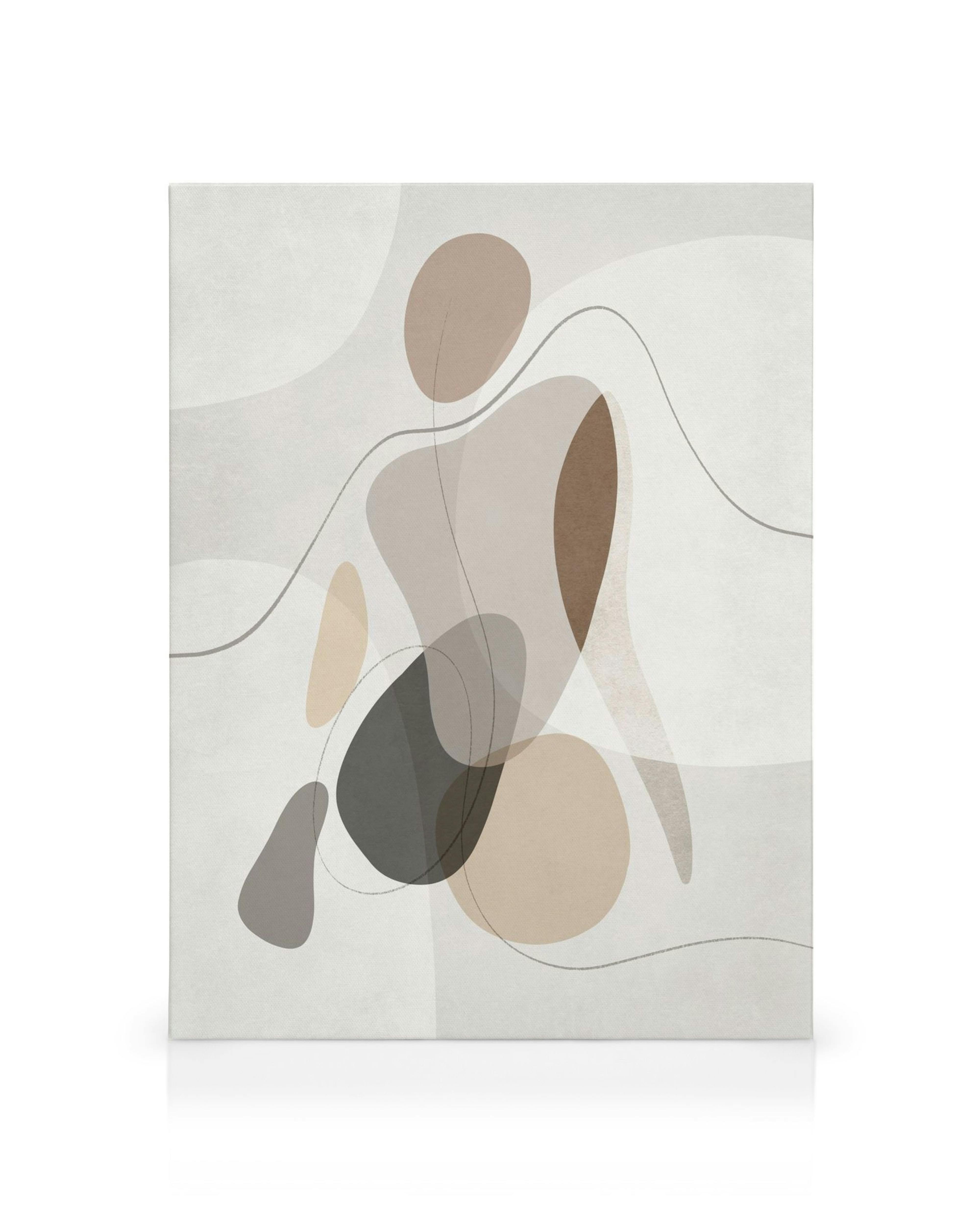 Abstract canvas met overlappende organische vormen in bruin, beige, zwart op een off-white textuur achtergrond met golvende lijn