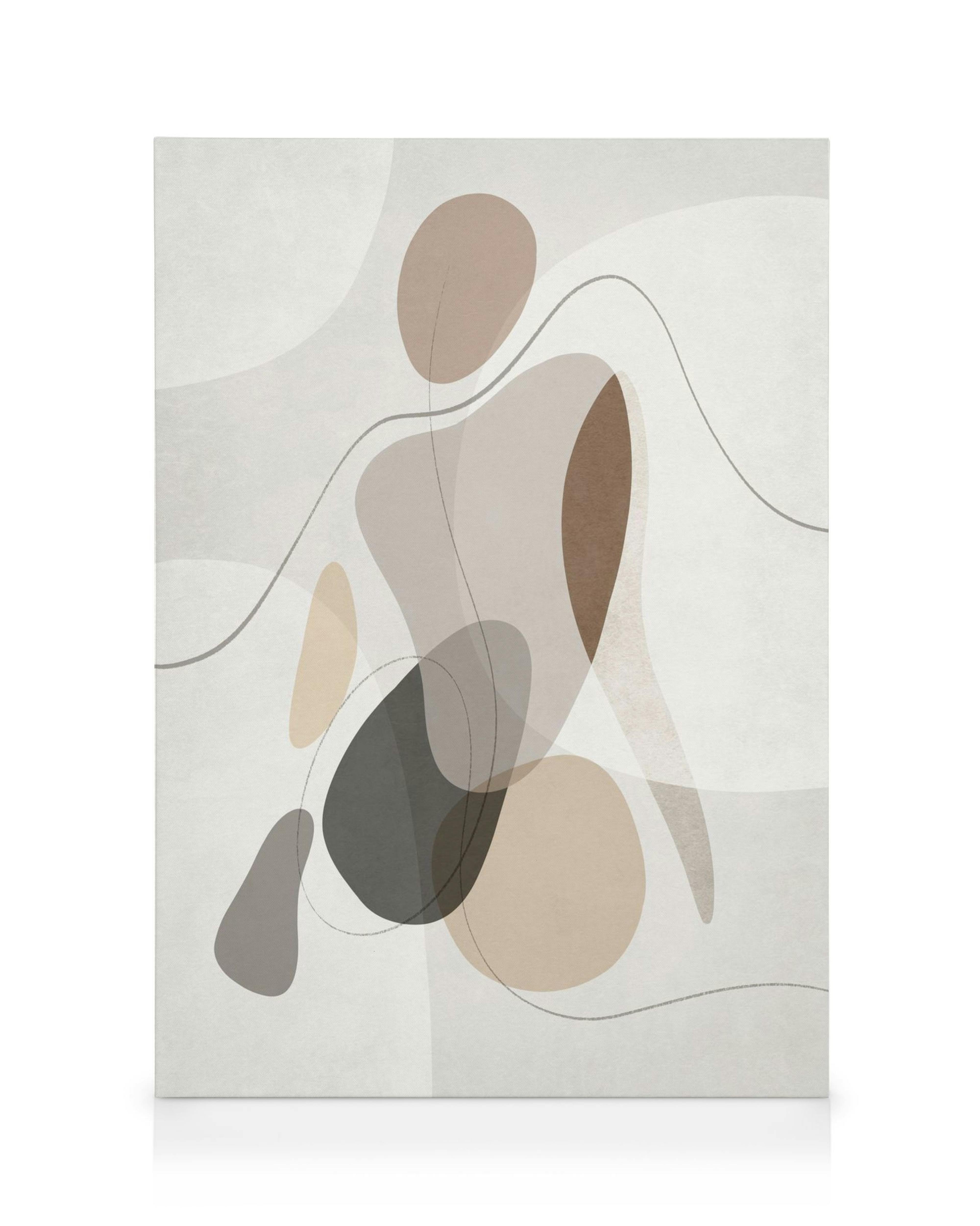 Toile abstraite avec formes organiques superposées en marron, beige et noir sur fond texturé blanc cassé, lignes courbes.