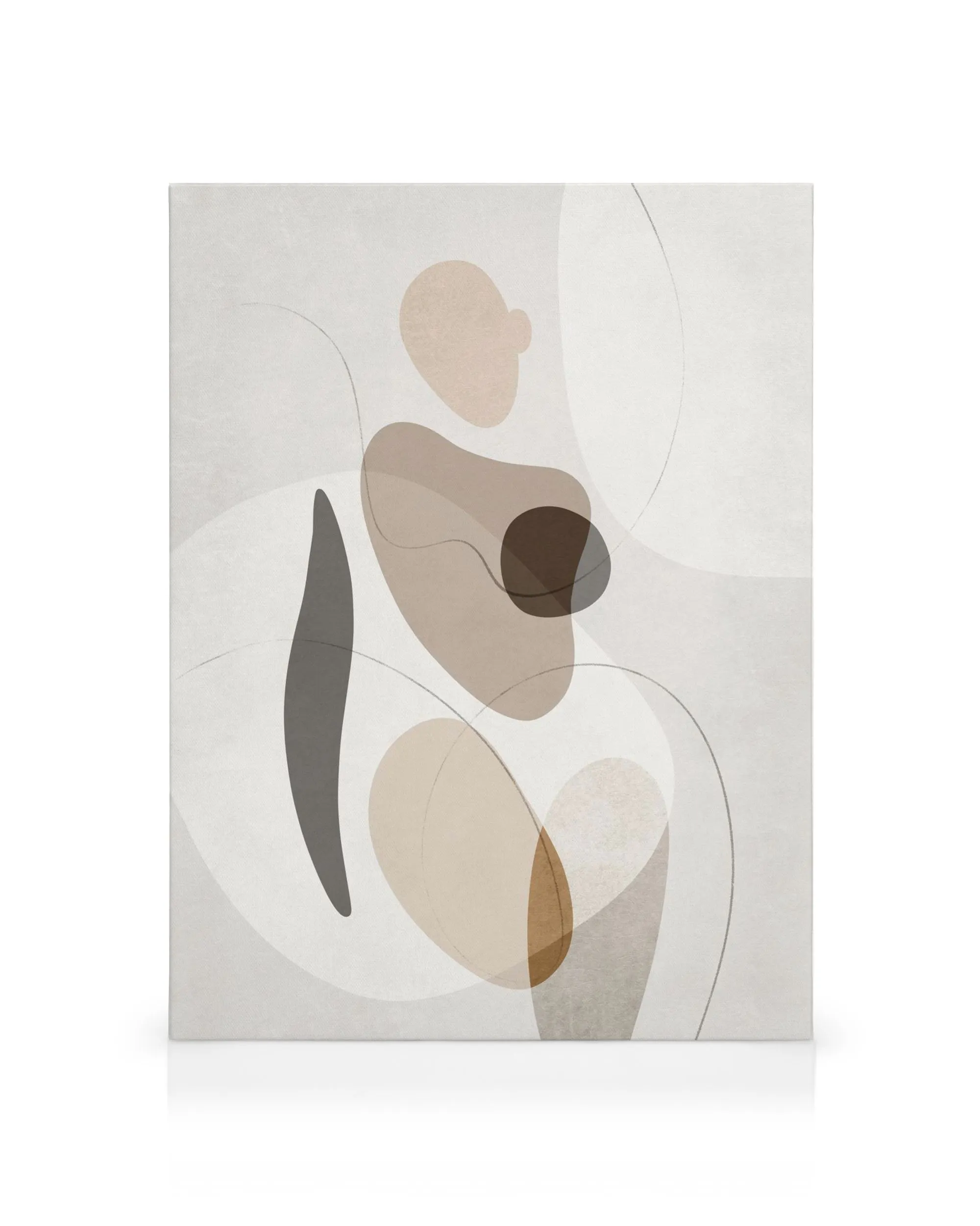 Lienzo abstracto de formas orgánicas superpuestas en beige, marrón y gris sobre fondo blanco. Curvas suaves y bordes redondeados
