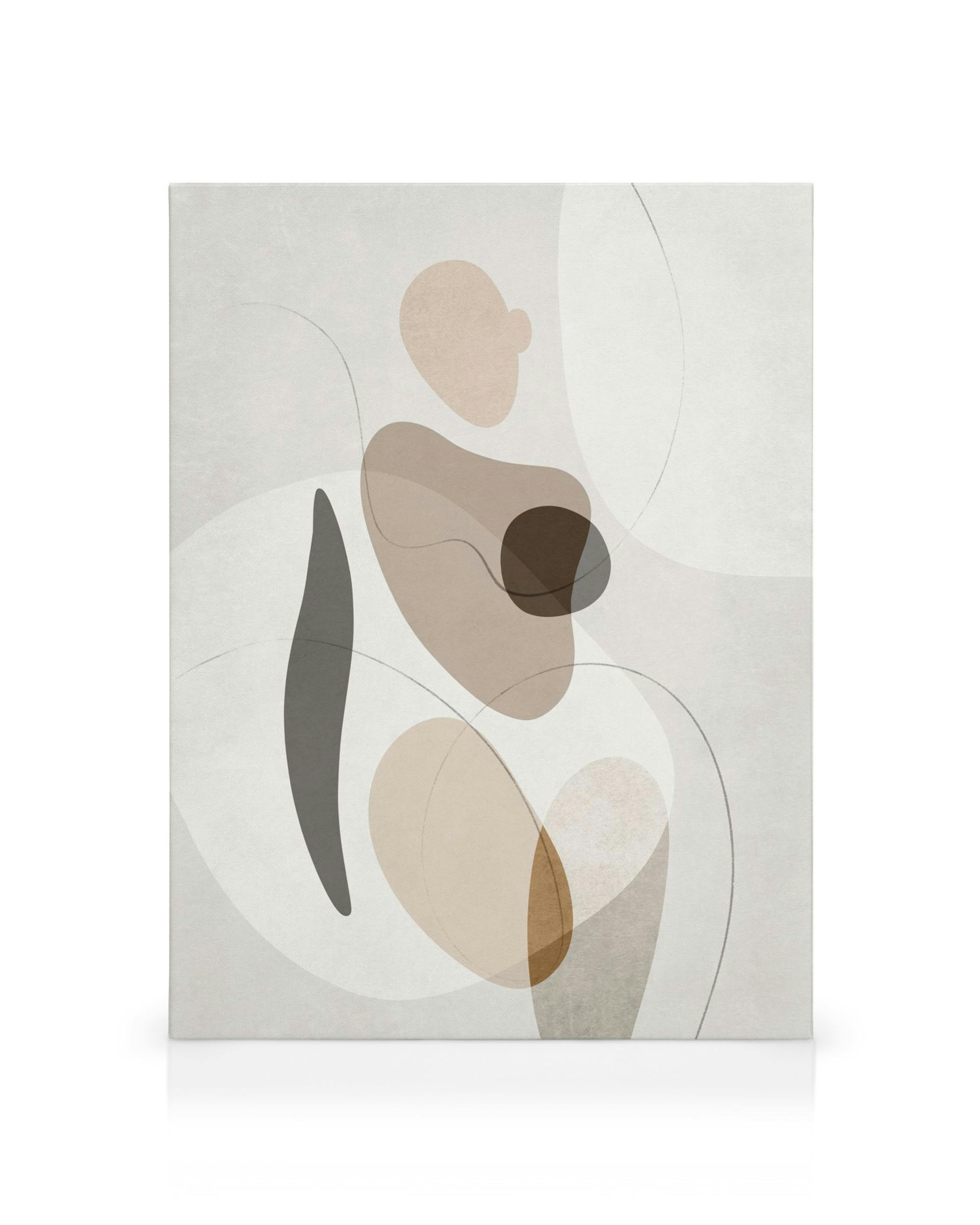 Toile abstraite avec des formes organiques superposées en beige, marron et gris sur fond blanc, avec des lignes fines