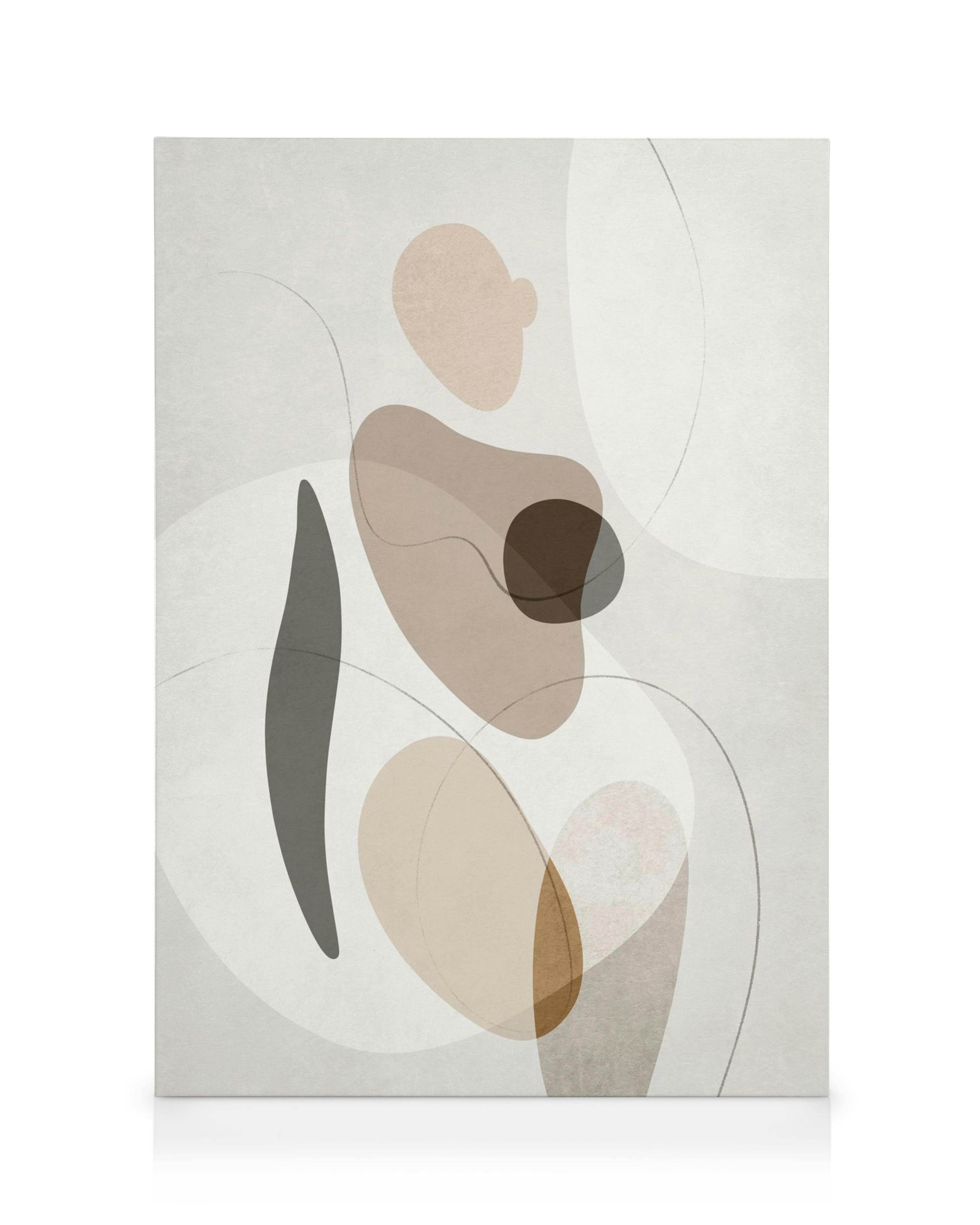 Toile abstraite avec des formes organiques superposées en beige, marron et gris, des détails subtils et des lignes fines.